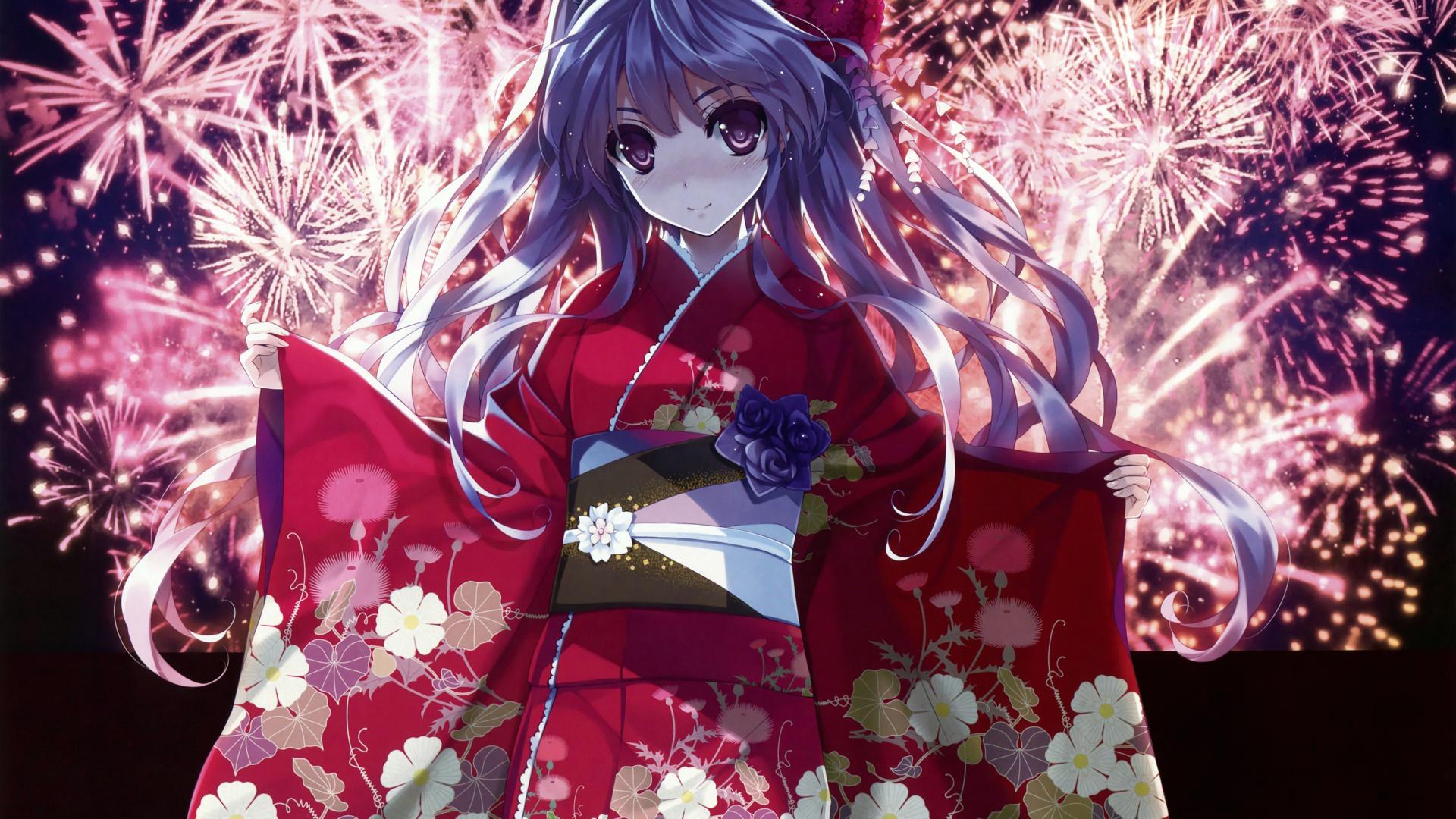 Ragazza anime kimono rosso fuochi, 1920x1080 Full HD, Desktop