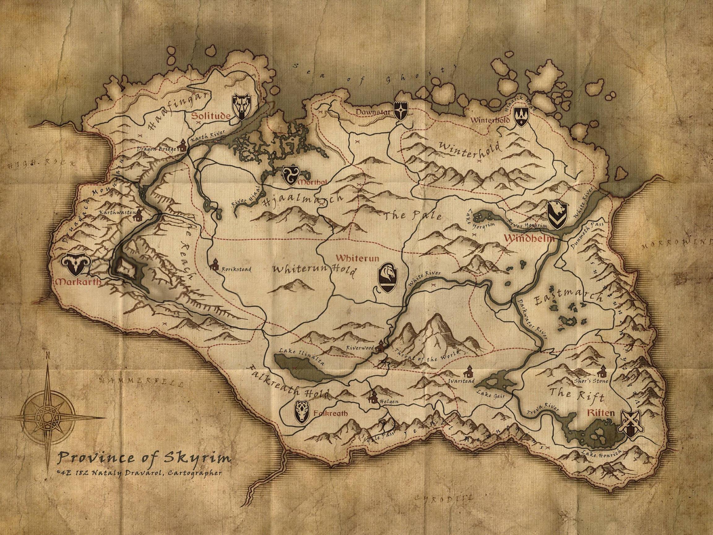 Mappa di Skyrim, pergamena antica, The Elder Scrolls, 2304x1728 2K, Desktop