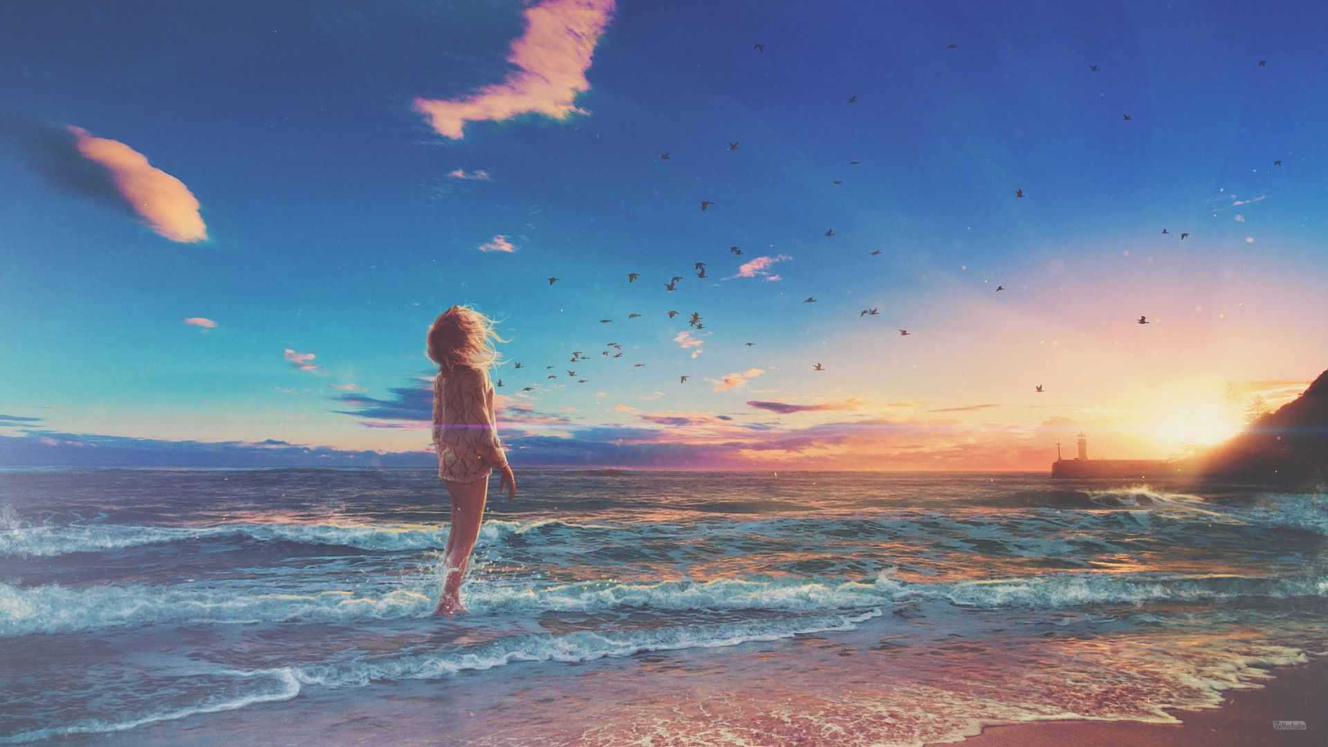 Ragazza anime spiaggia tramonto, 1920x1080 Full HD 1080p, Desktop