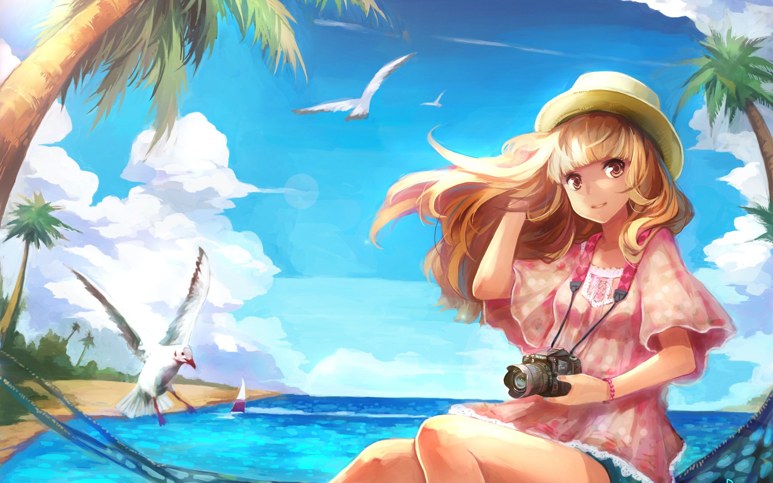 Ragazza anime capelli rosa spiaggia, 1332x850 HD, Desktop
