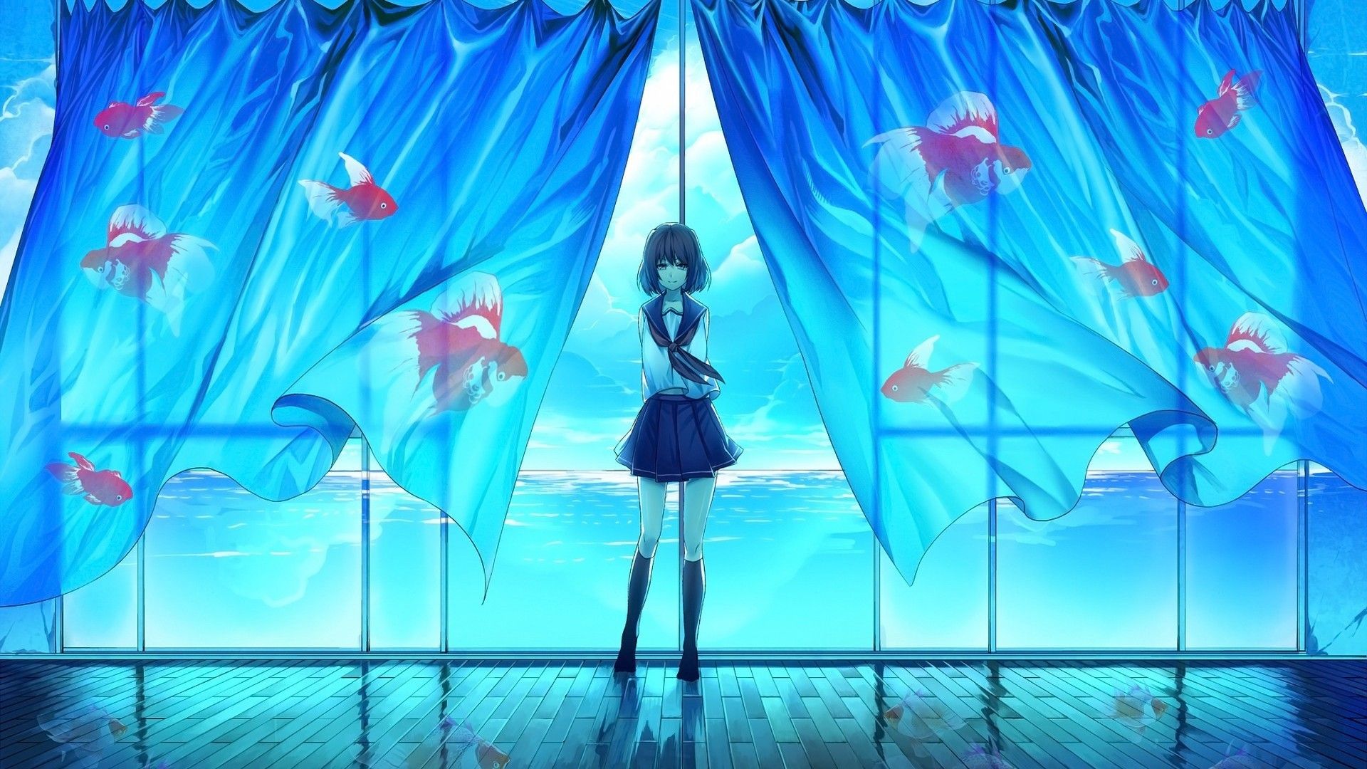 Ragazza in uniforme, tende blu, pesci, 1920x1080 Full HD 1080p, PC