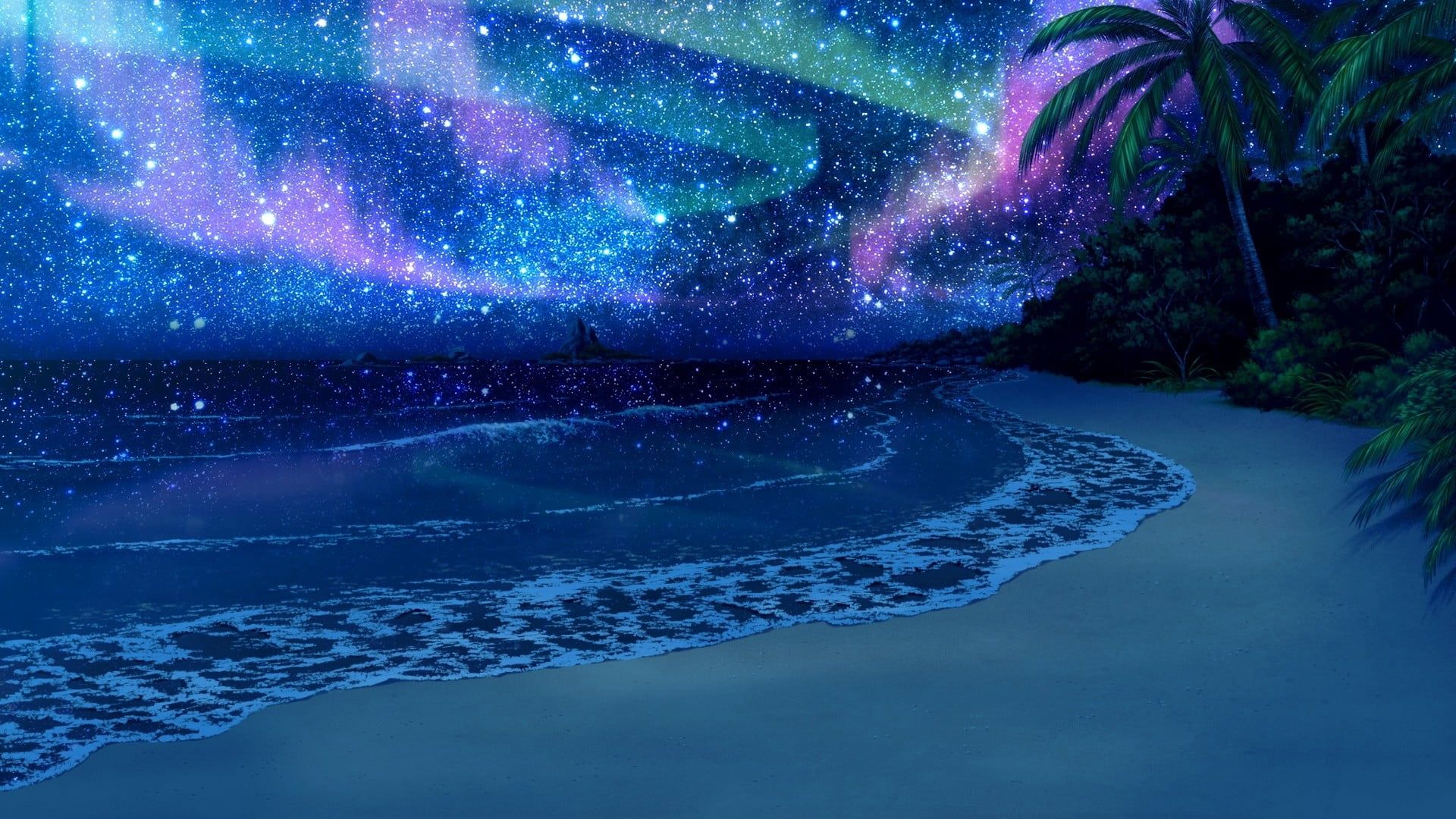Spiaggia notturna con aurora stellata, 1920x1080 1080p, Laptop