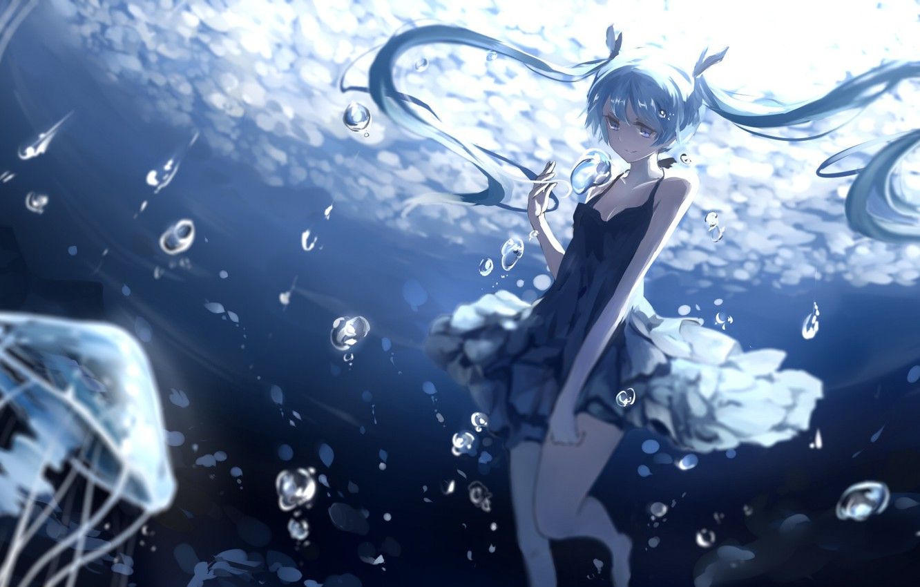 Hatsune Miku sott'acqua meduse, cantante virtuale, 1332x850 720p, PC