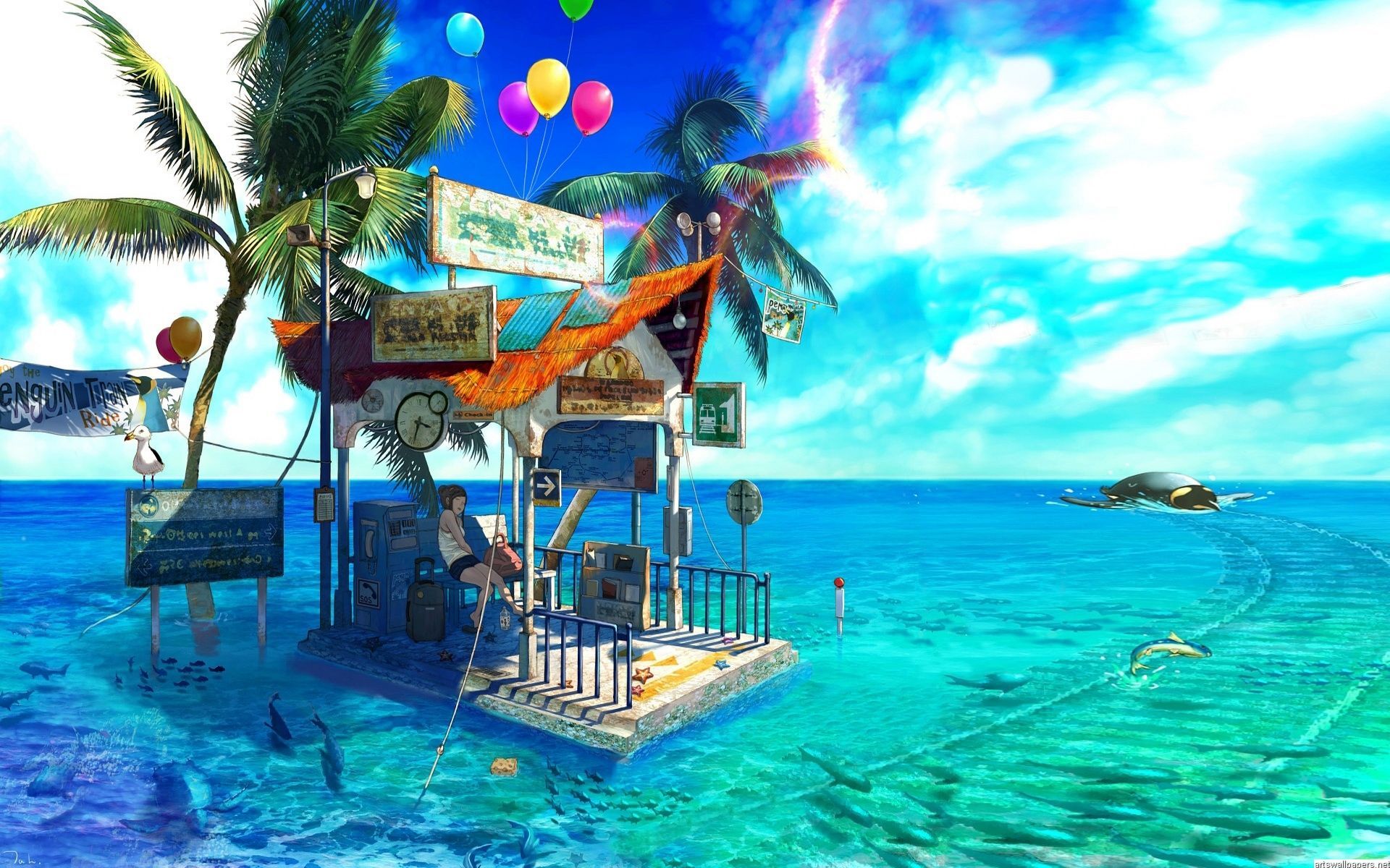 Ragazza anime, alberi, mare riflettente, 1728x1080 900p, Desktop