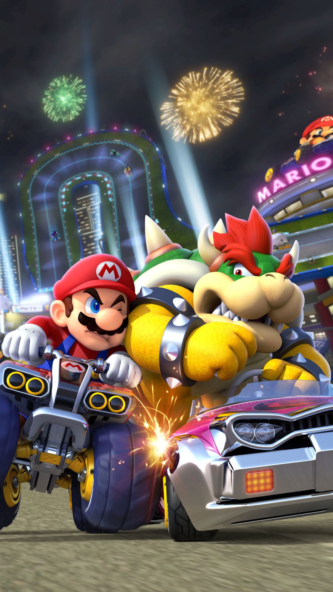 Mario Kart Bowser gara notturna, 1080x1920 Verticale, iPhone Pro
