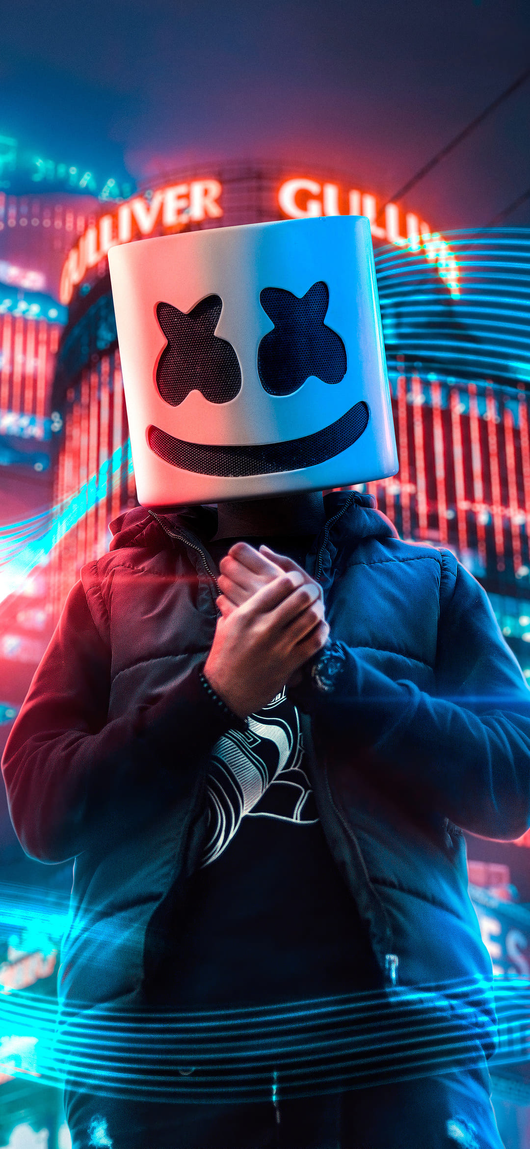 Marshmallow DJ maschera città notturna, 1080x2340 Full HD Verticale, Smartphone