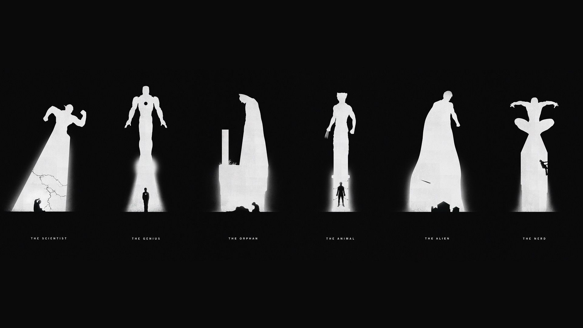 Silhouette eroi Marvel bianco nero, MCU, 1920x1080 Full HD, PC