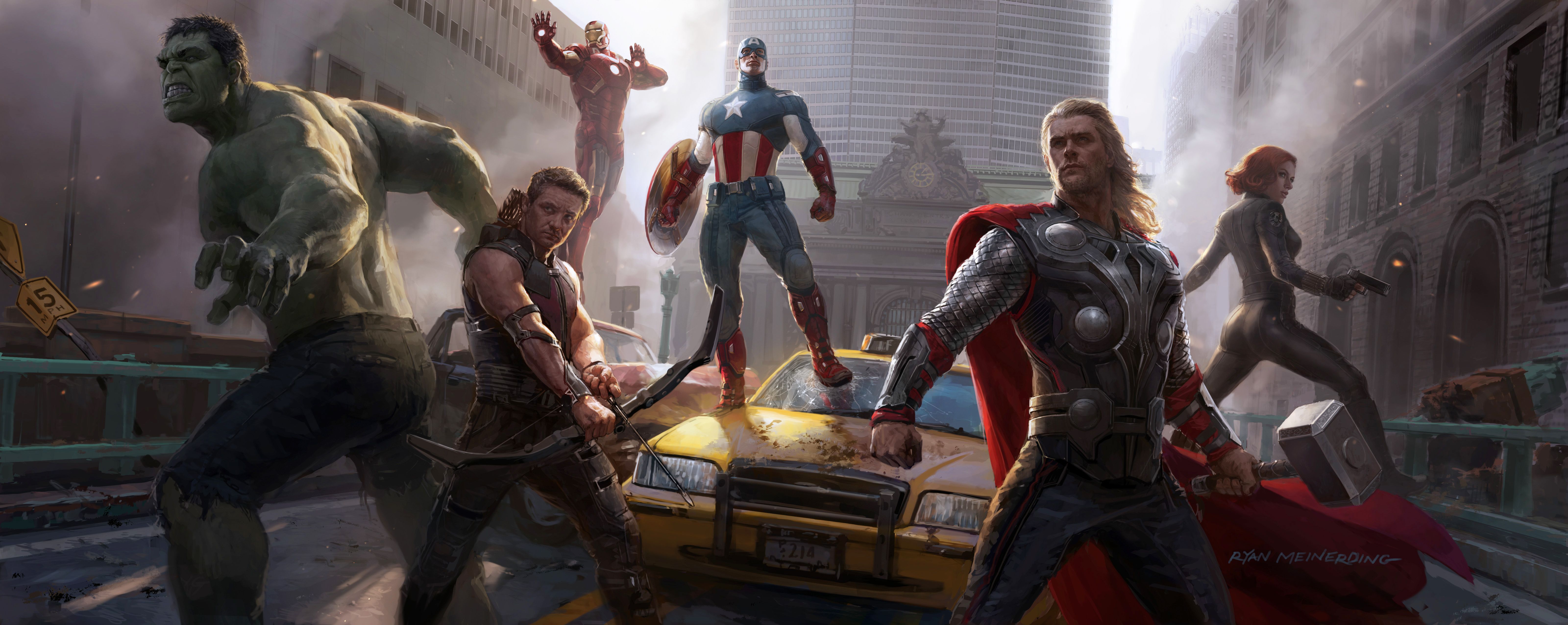 Avengers supereroi Marvel città, MCU, 6400x2553 21:9, PC