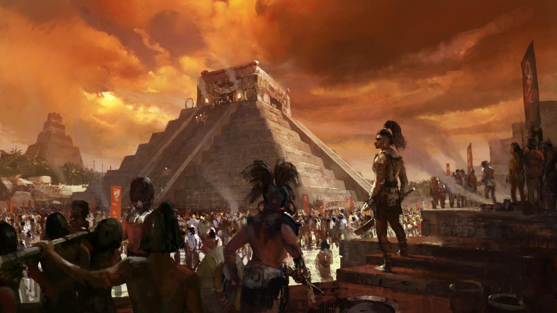 Piramide Maya con folla antica, 1920x1080 Full HD, Desktop