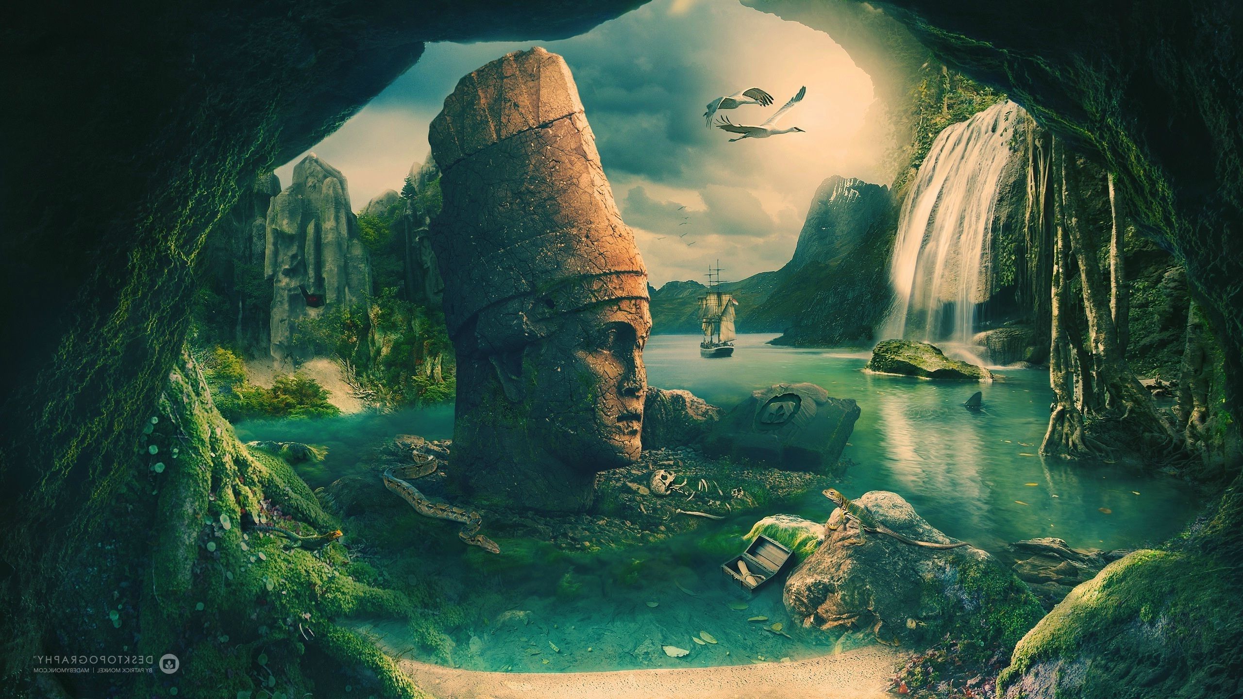 Statua Maya in caverna con laguna, 2560x1440 2K QHD, Monitor Gaming