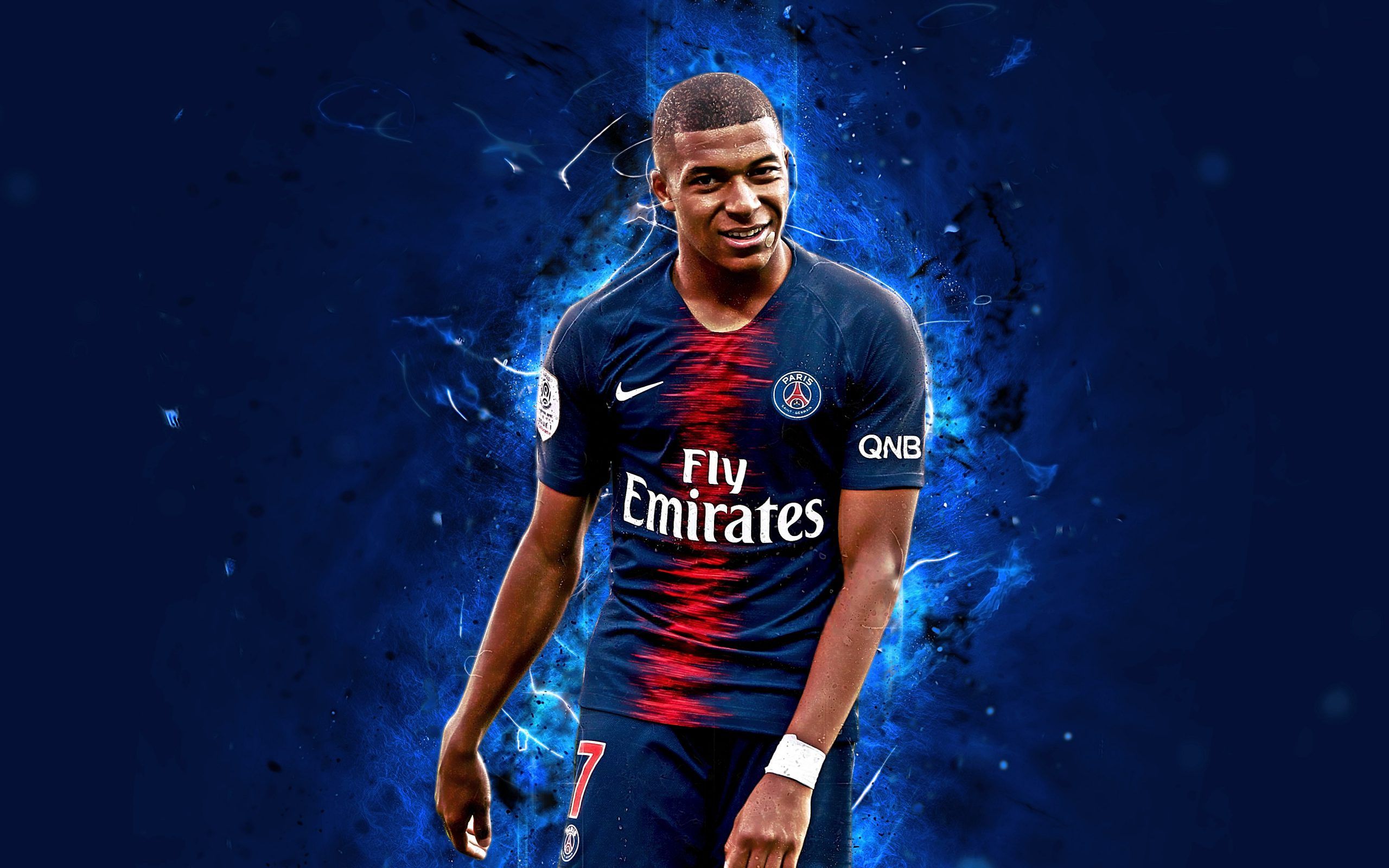 Mbappé PSG calciatore neon blu, 2560x1600 2K+, Desktop