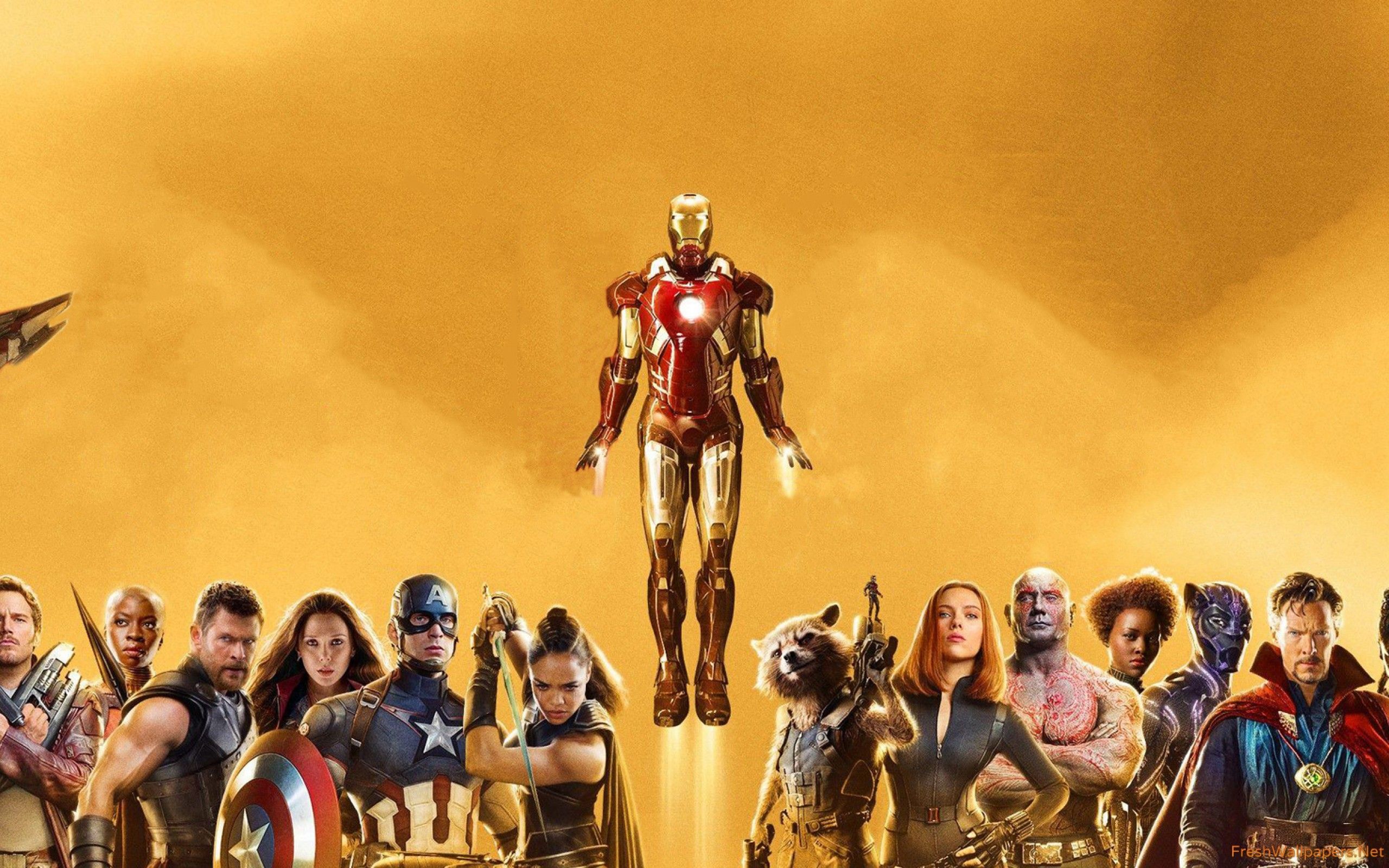 Avengers Marvel personaggi sfondo giallo, 2560x1600 2K+, PC