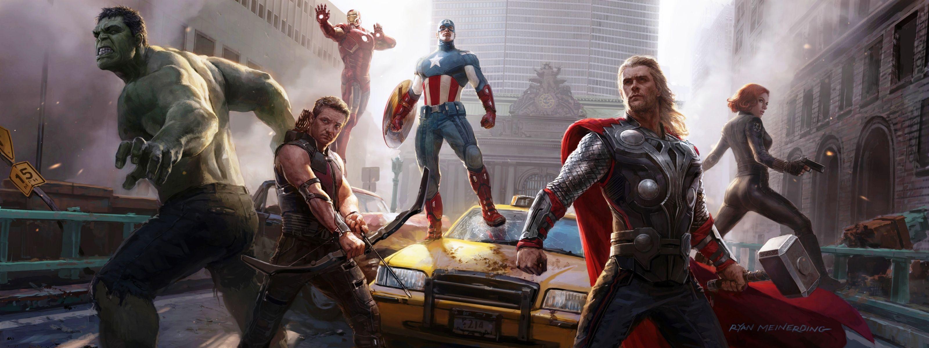 Avengers gruppo eroi Marvel, supereroi, 3200x1200 Panoramico, PC Desktop
