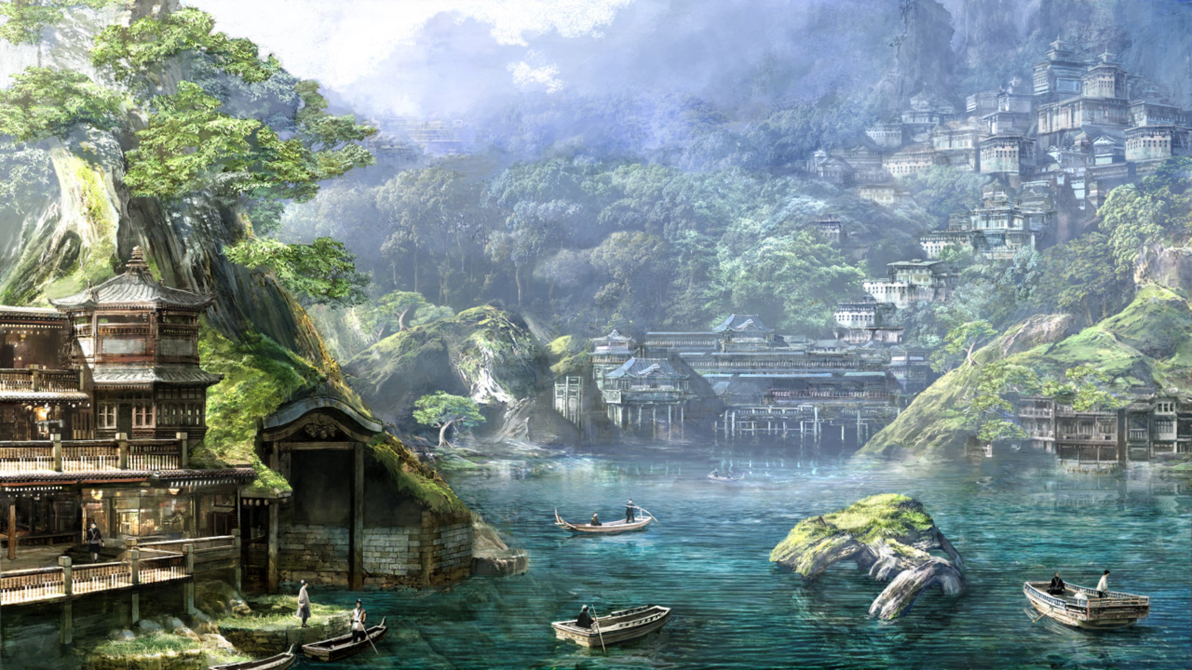 Città medievale fantasy sul fiume, 3840x2160 4K Ultra HD, Monitor 4K
