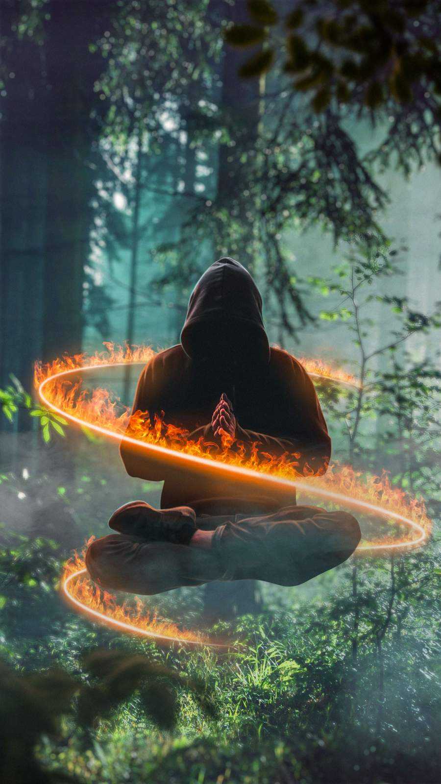 Figura incappucciata meditante con fiamme, 900x1600 Verticale, Telefono