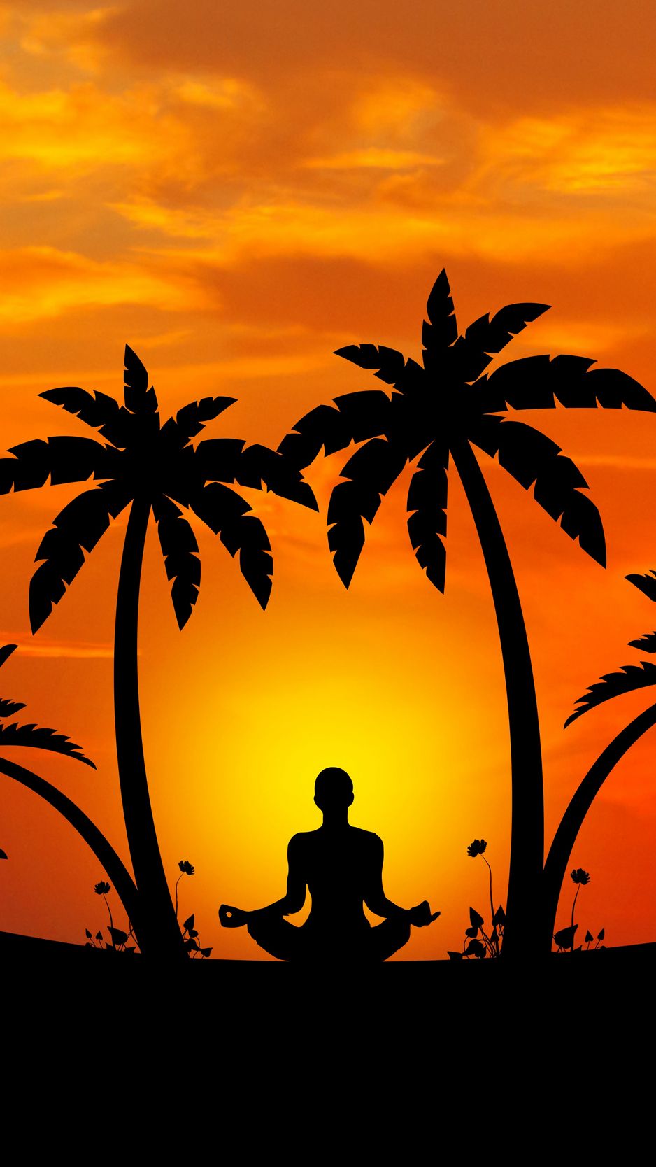 Silhouette yoga tramonto palme, 938x1668 Verticale, Mobile
