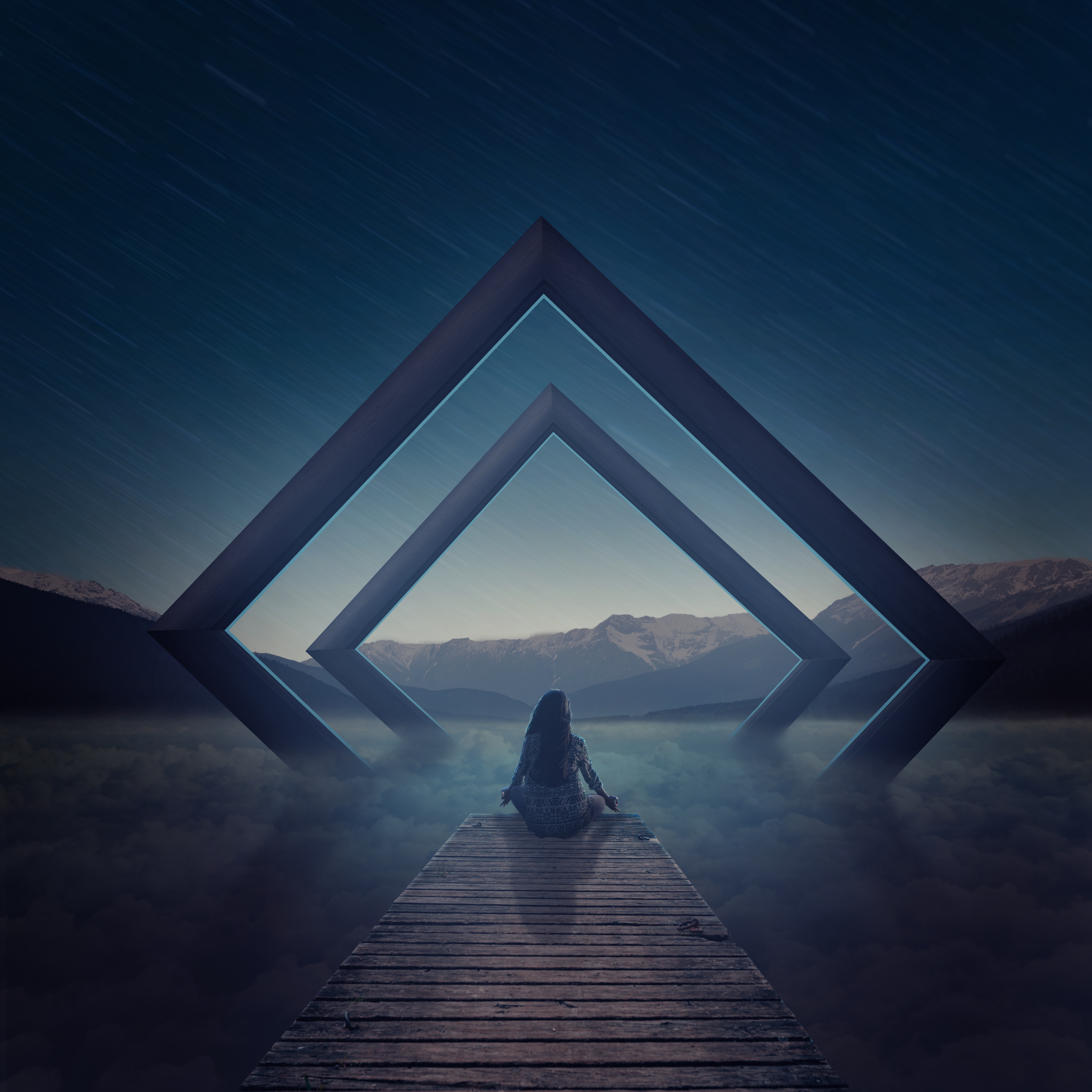 Figura seduta tra triangoli, lago notturno, 4096x4096 UHD, PC 4K