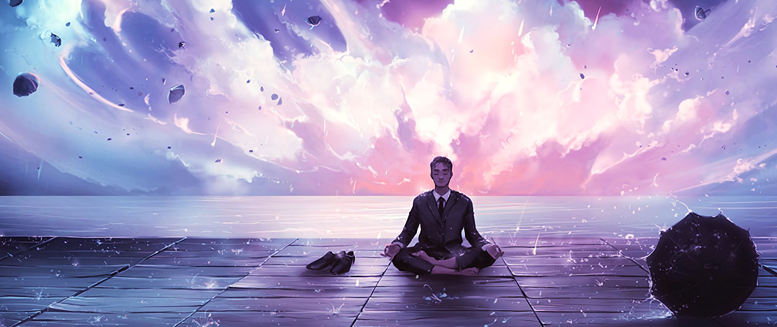 Uomo in meditazione su molo, 2560x1080 21:9, Ultrawide