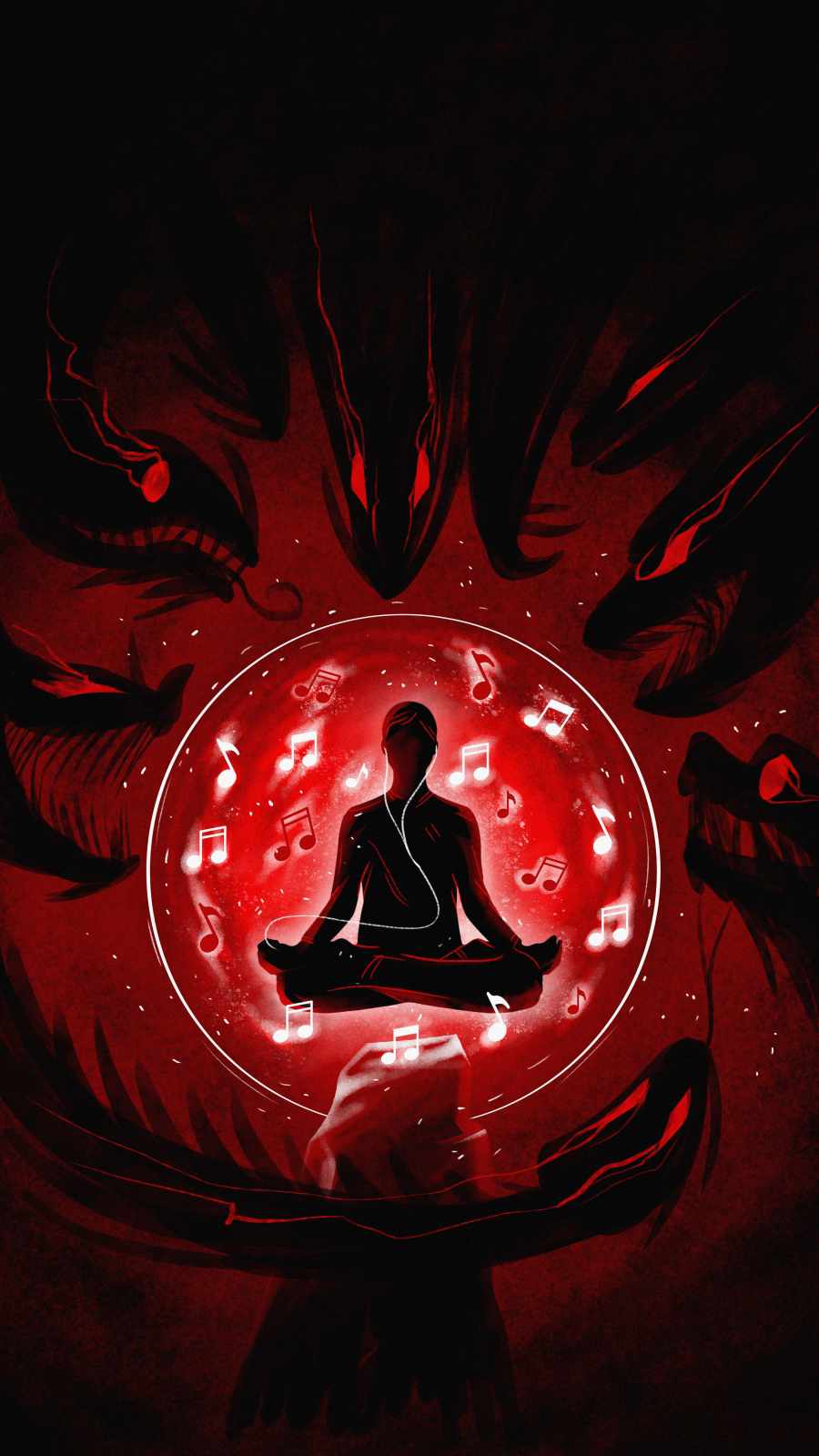 Silhouette meditazione con note musicali rosse, 900x1600 Full HD Verticale, Smartphone