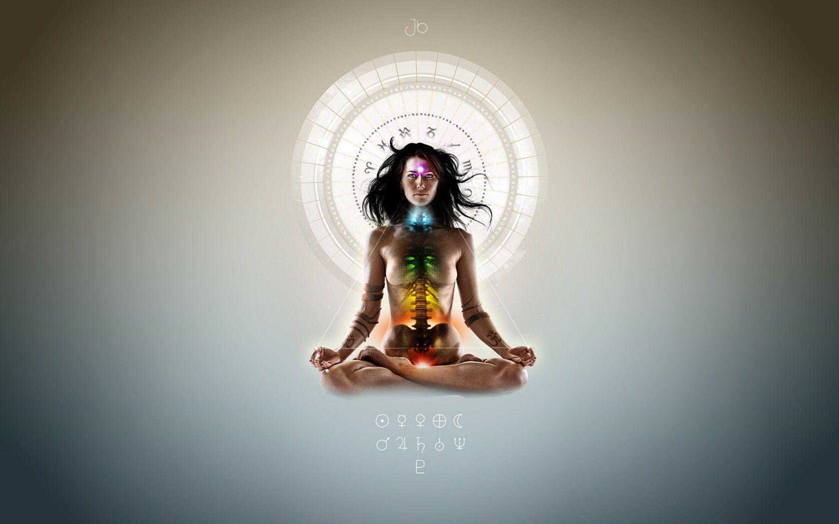 figura in meditazione con chakra colorati, 1680x1050 HD, Desktop
