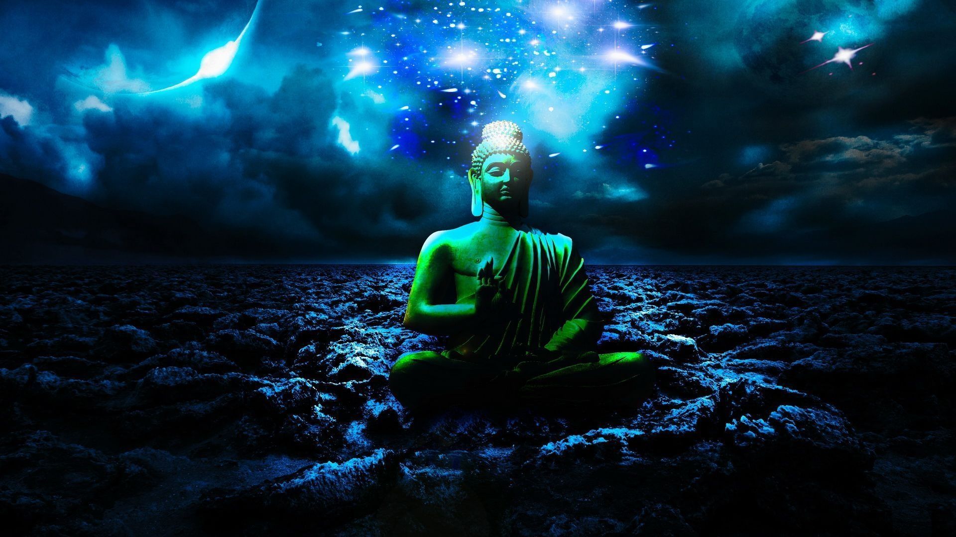 Buddha verde in meditazione notturna, 1920x1080 1080p, Laptop
