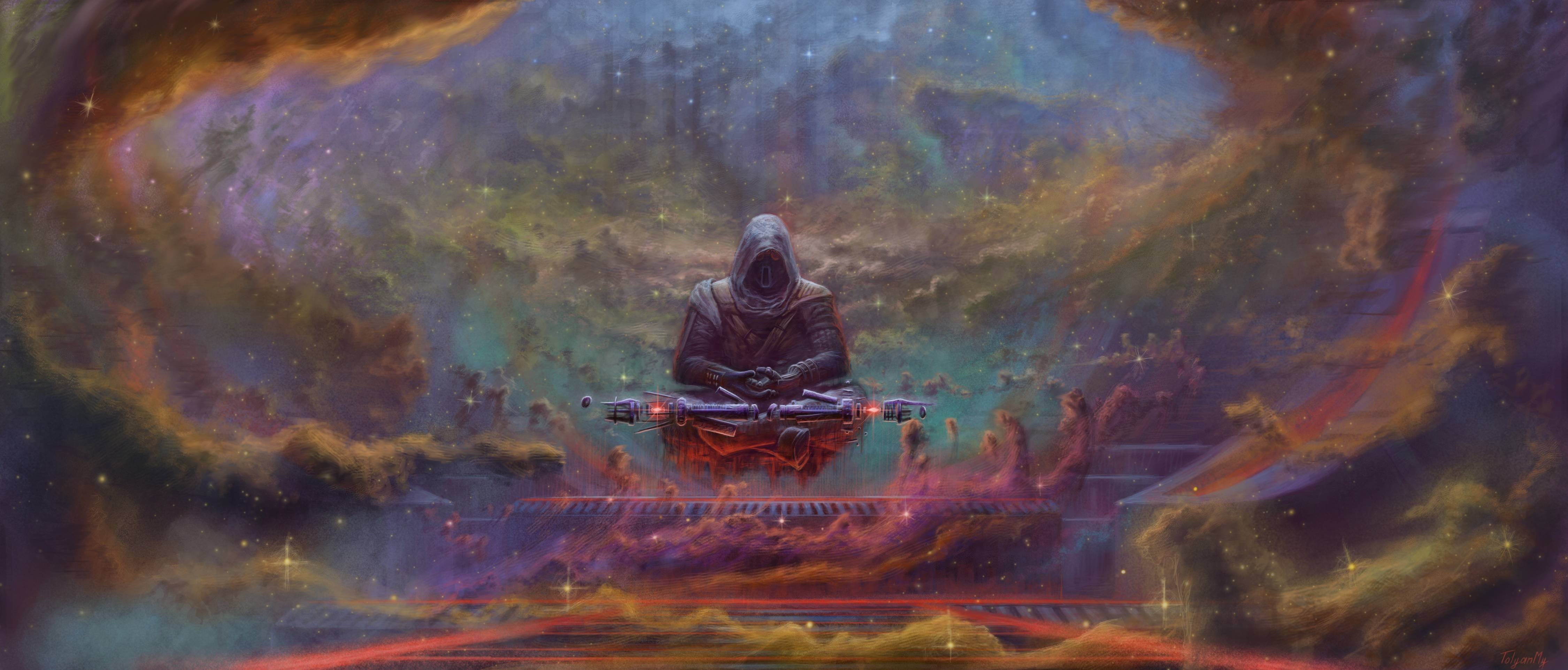 Figura in meditazione tra montagne nebulose, 4500x1924 21:9, Ultrawide