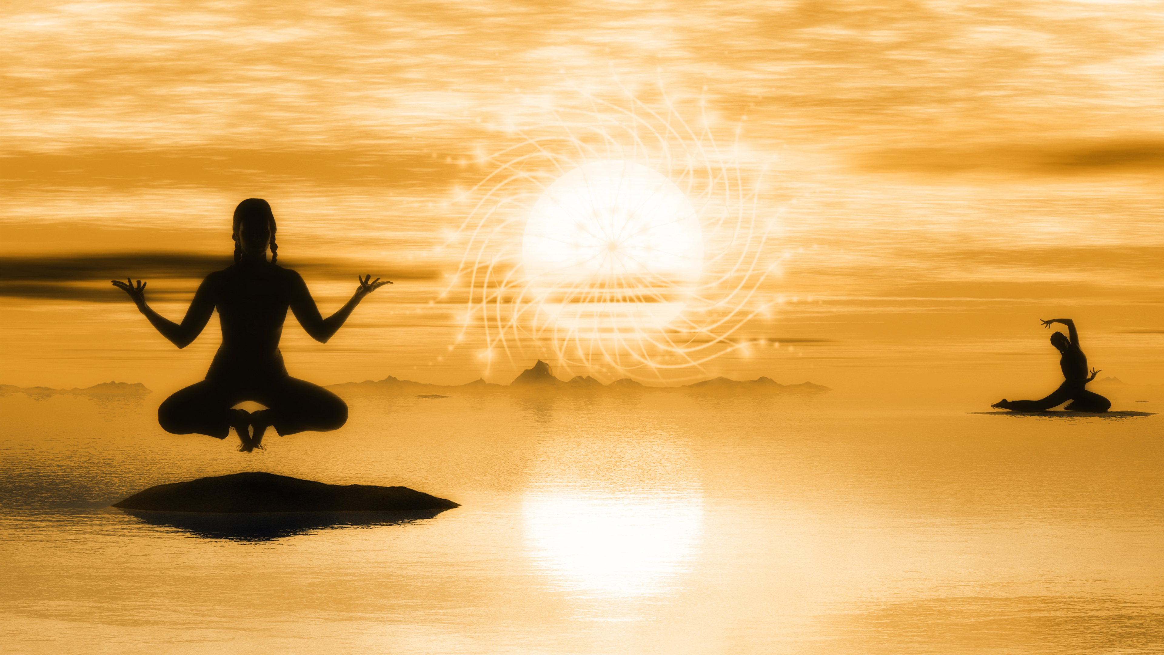 Silhouette meditazione al tramonto dorato, 3840x2160 UHD, PC 4K