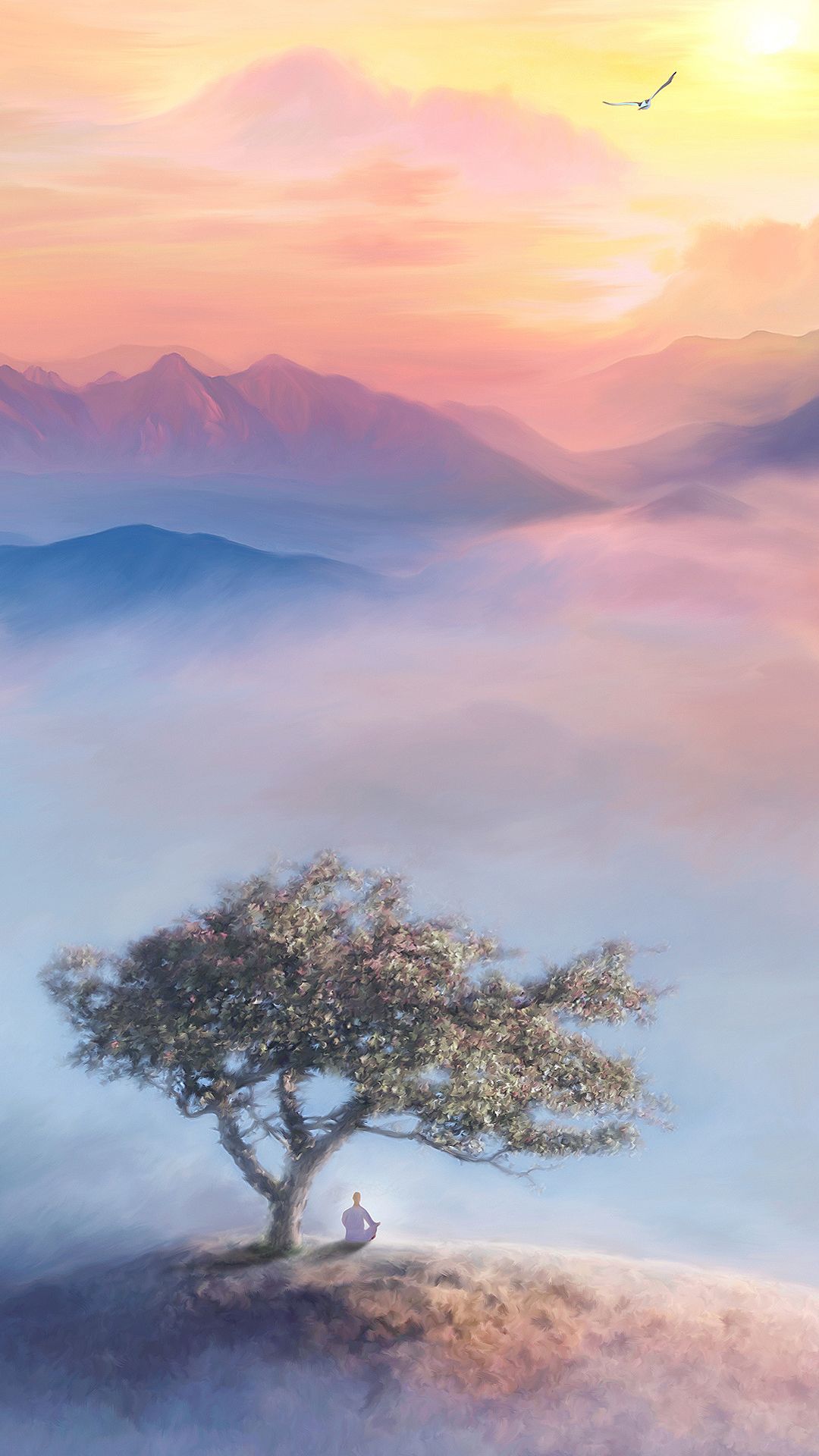 Persona in meditazione sotto albero, 1080x1920 Verticale, Telefono