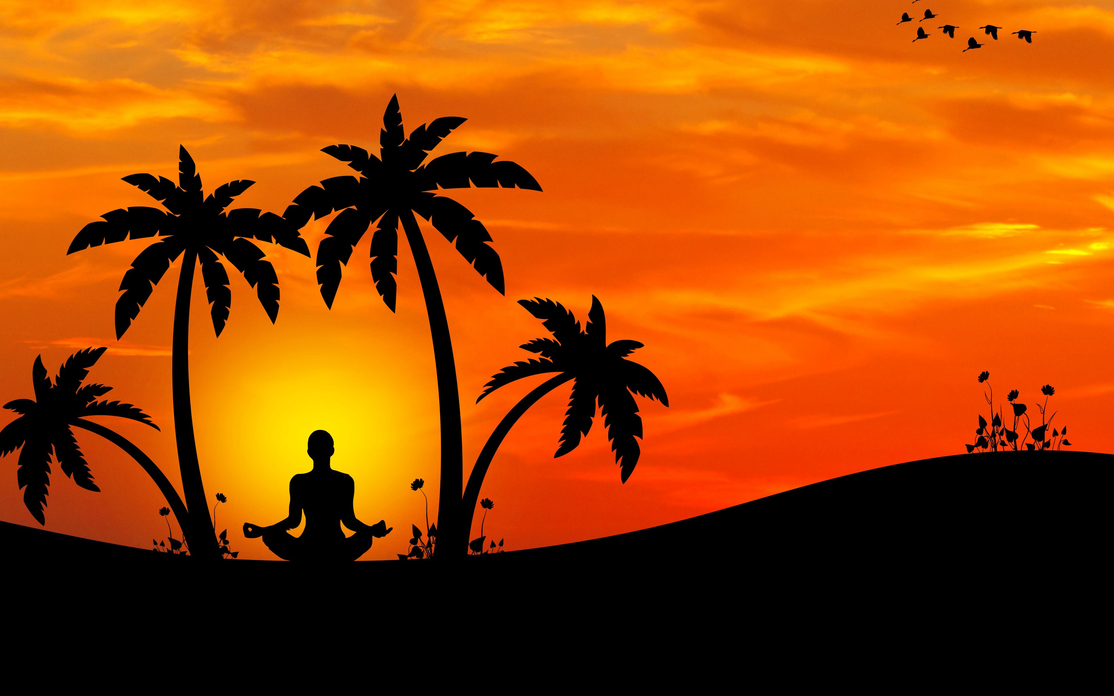 Silhouette meditazione yoga tramonto palme, 3840x2400 UHD, Monitor 4K