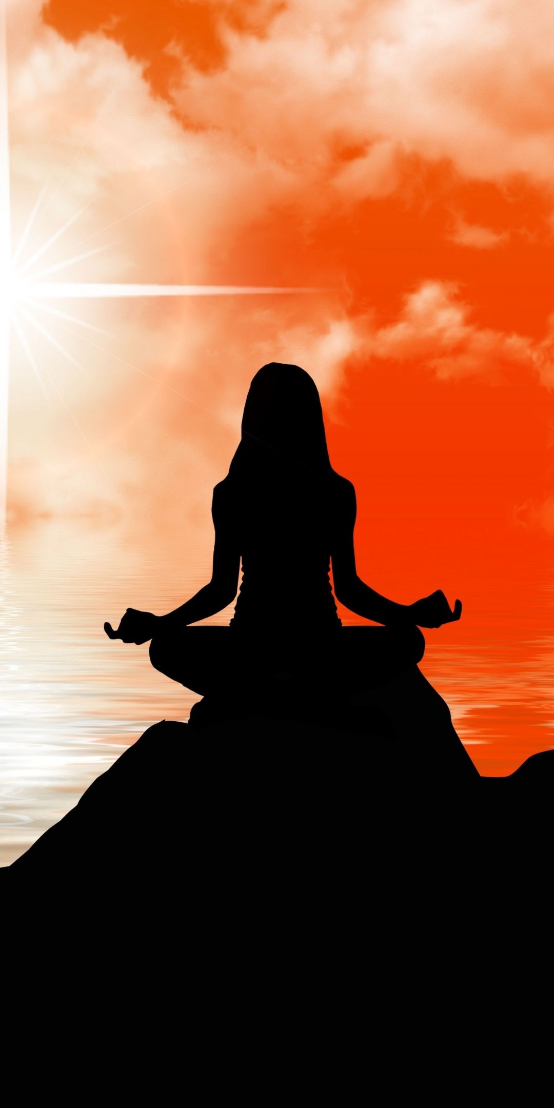 Silhouette donna meditazione tramonto arancione, 1080x2160 Full HD Verticale, Smartphone