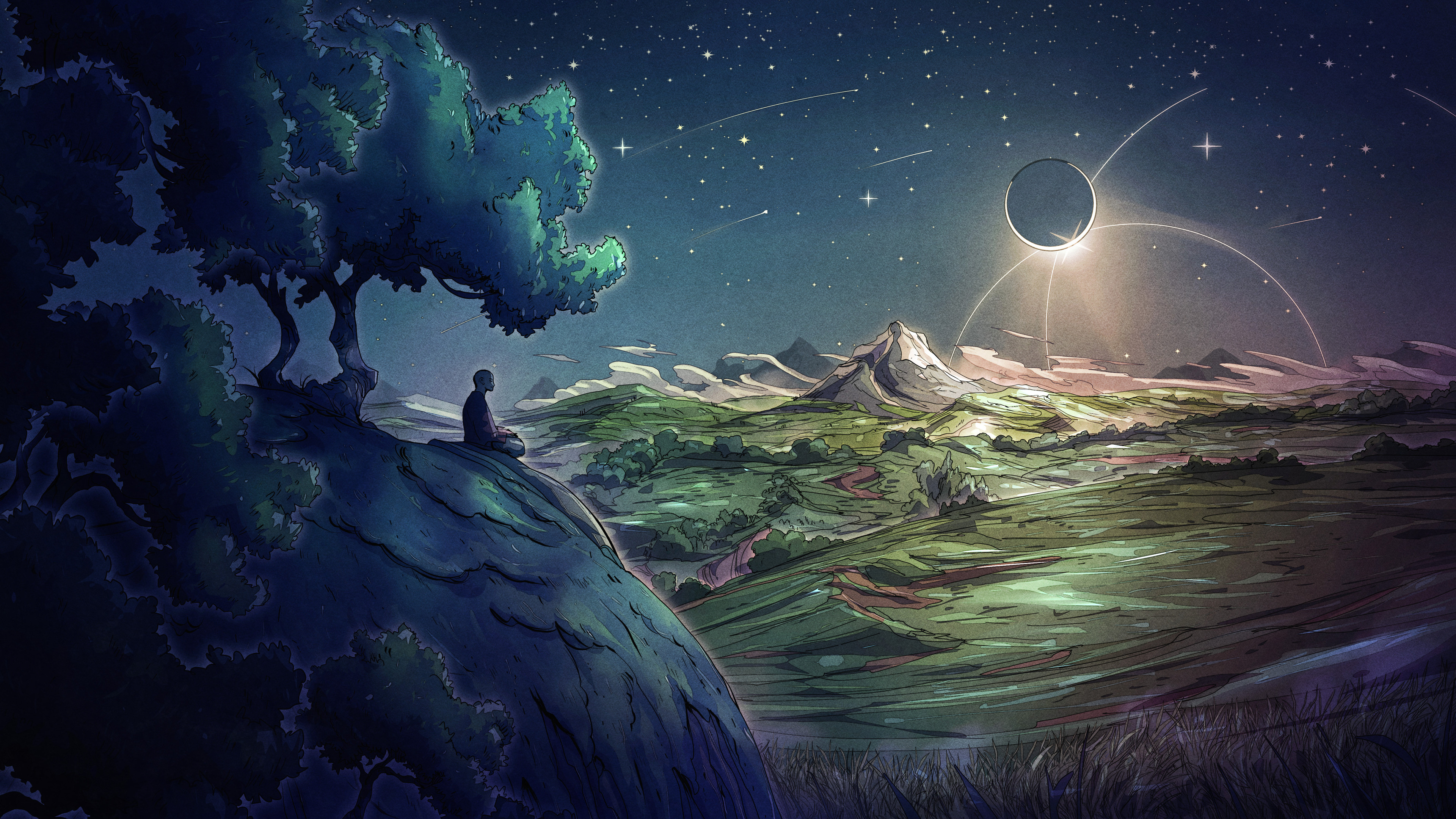 Persona meditante sotto albero, montagne notturne, 3840x2160 4K Ultra HD, Monitor 4K