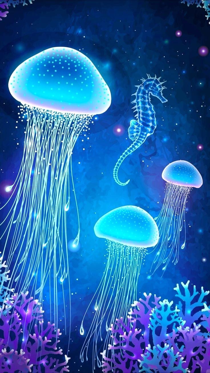 Meduse blu luminose oceano, 736x1309 Verticale, Mobile
