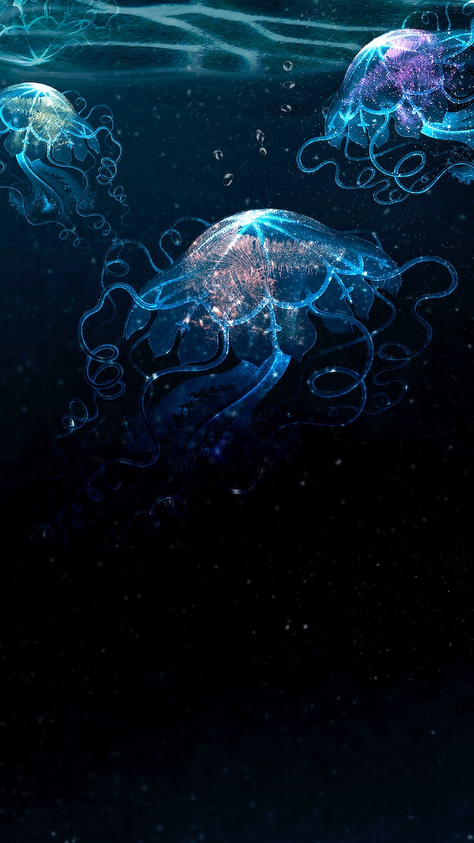 Meduse blu luminescenti subacquee, 675x1200 Verticale, Telefono