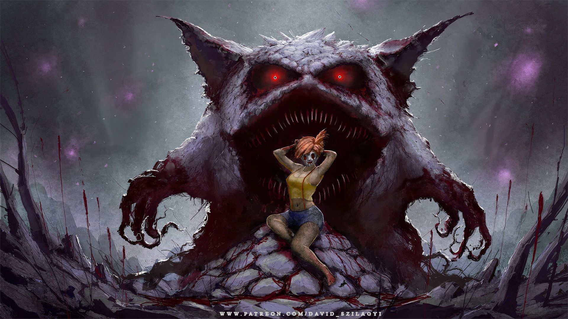 Mega Gengar minaccioso, ragazza spaventata, Pokémon, 1920x1080 Full HD 1080p, PC