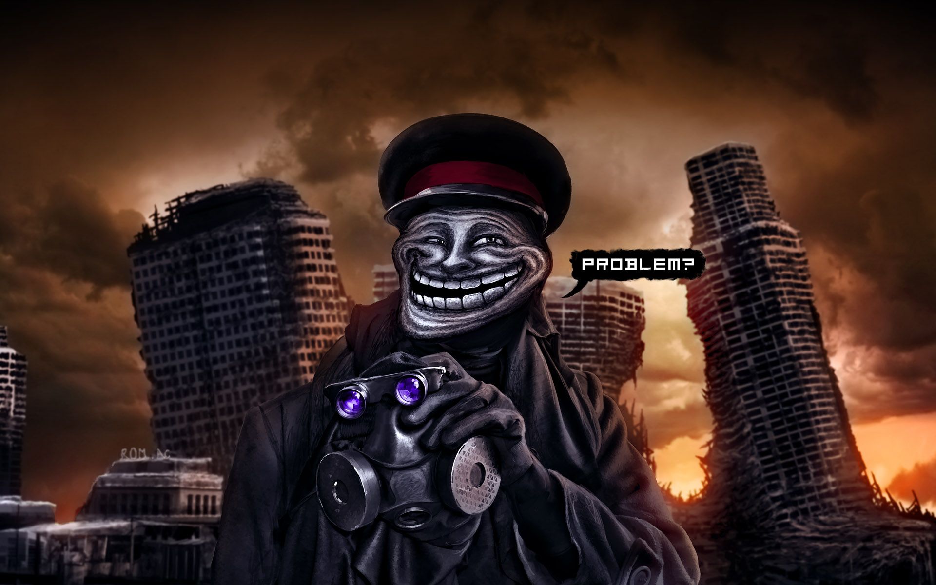 Trollface soldato città distrutta, 1920x1200 Full HD+, Desktop