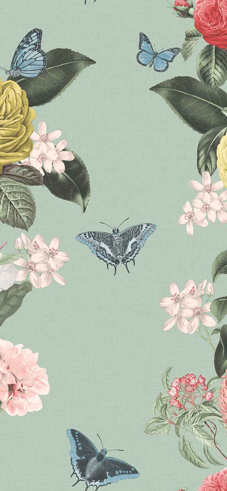 Fiori e farfalle su menta, 768x1662 Verticale, Telefono
