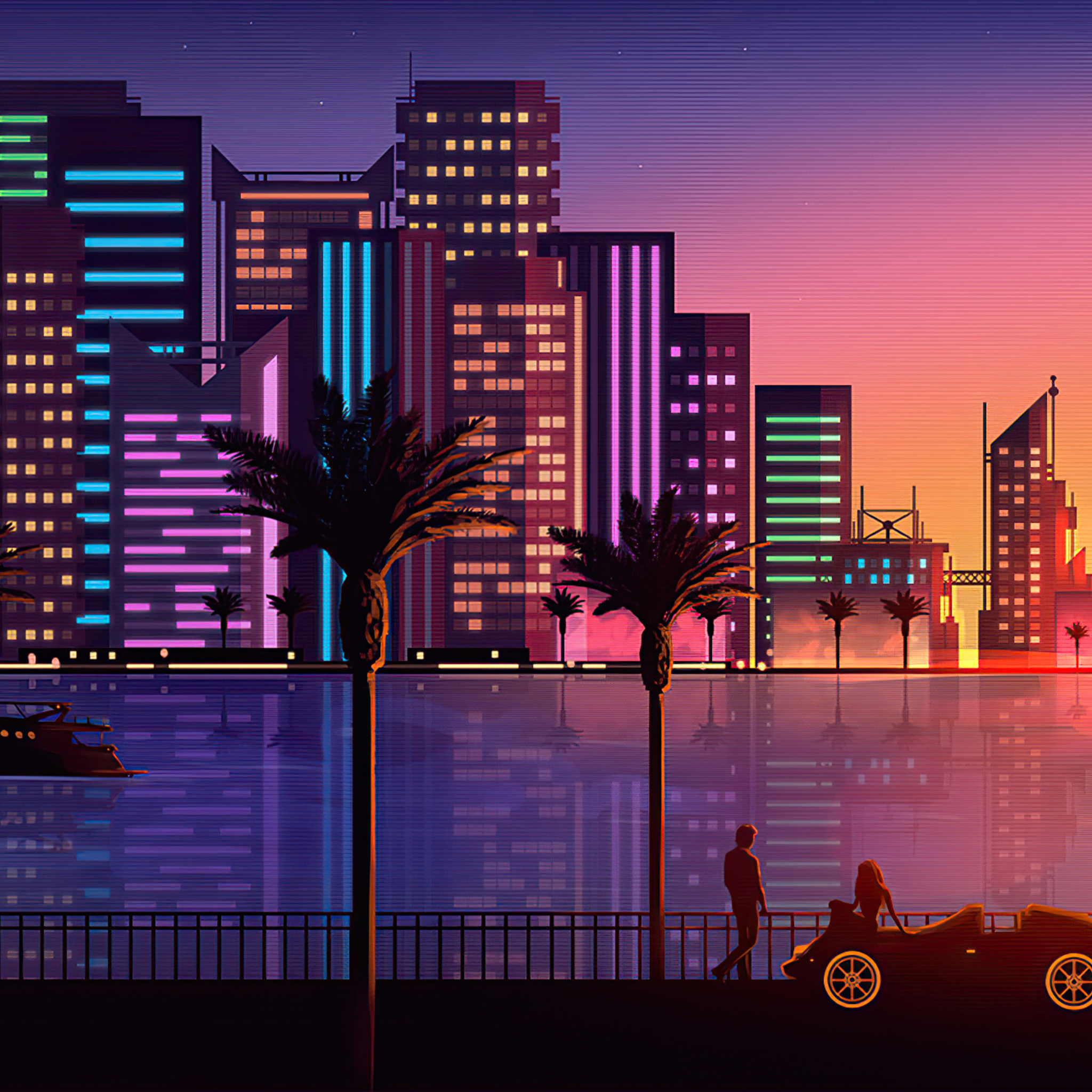 Miami skyline tramonto neon, 2048x2048 alta risoluzione, PC Desktop