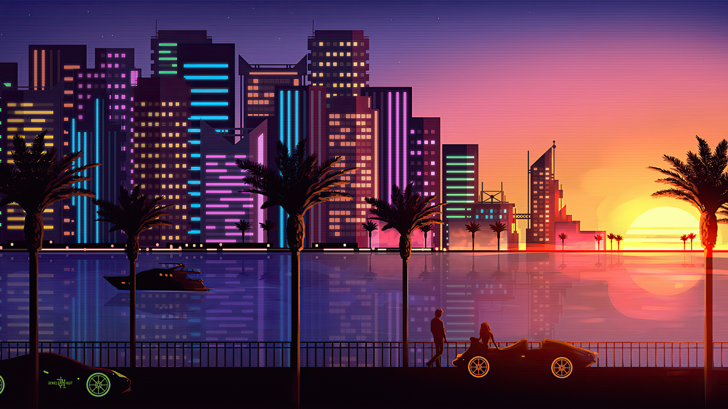 Skyline Miami tramonto pixel art, 2366x1330 alta risoluzione, Desktop