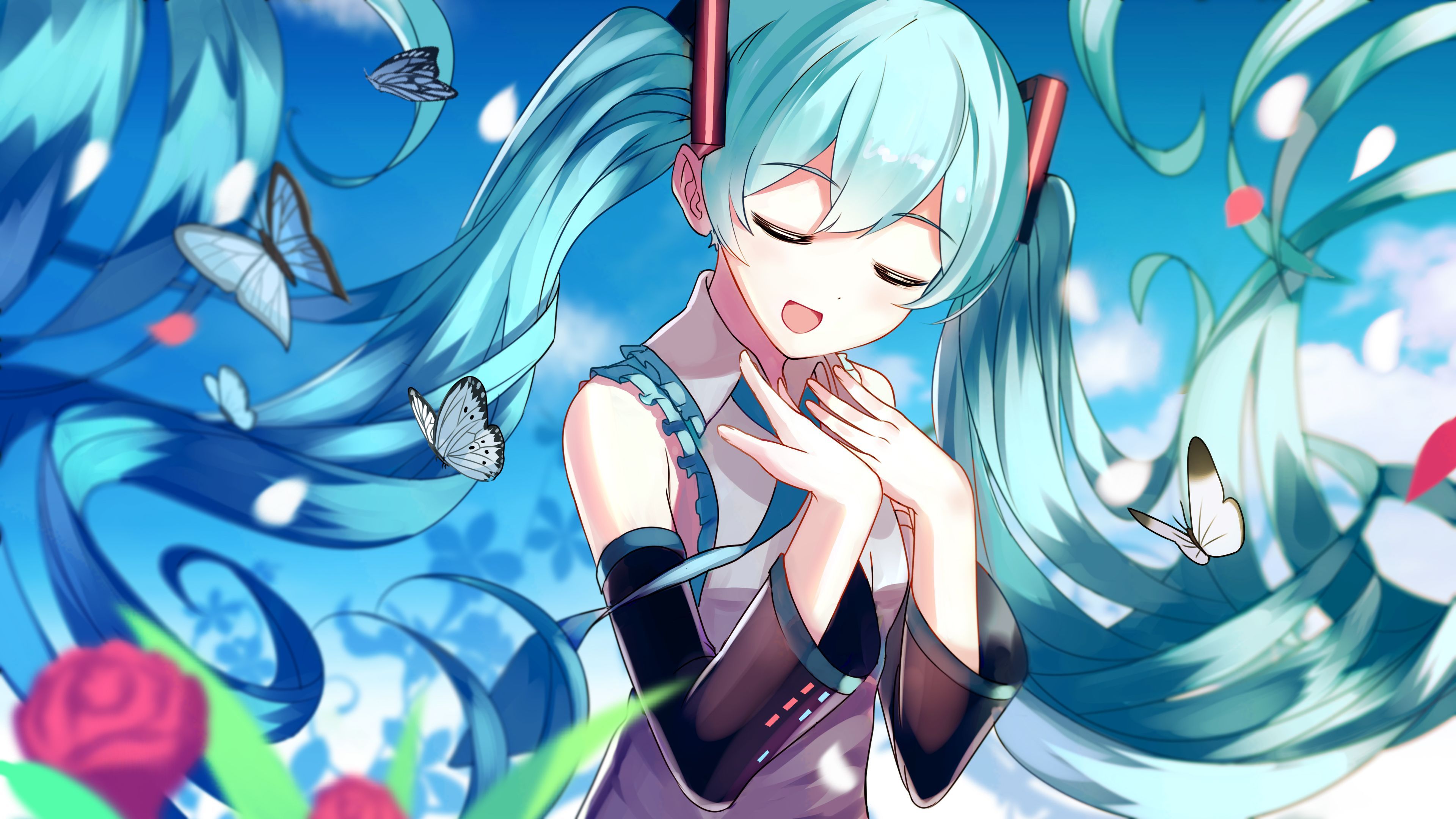Hatsune Miku farfalle rose, 3840x2160 4K, Desktop 4K