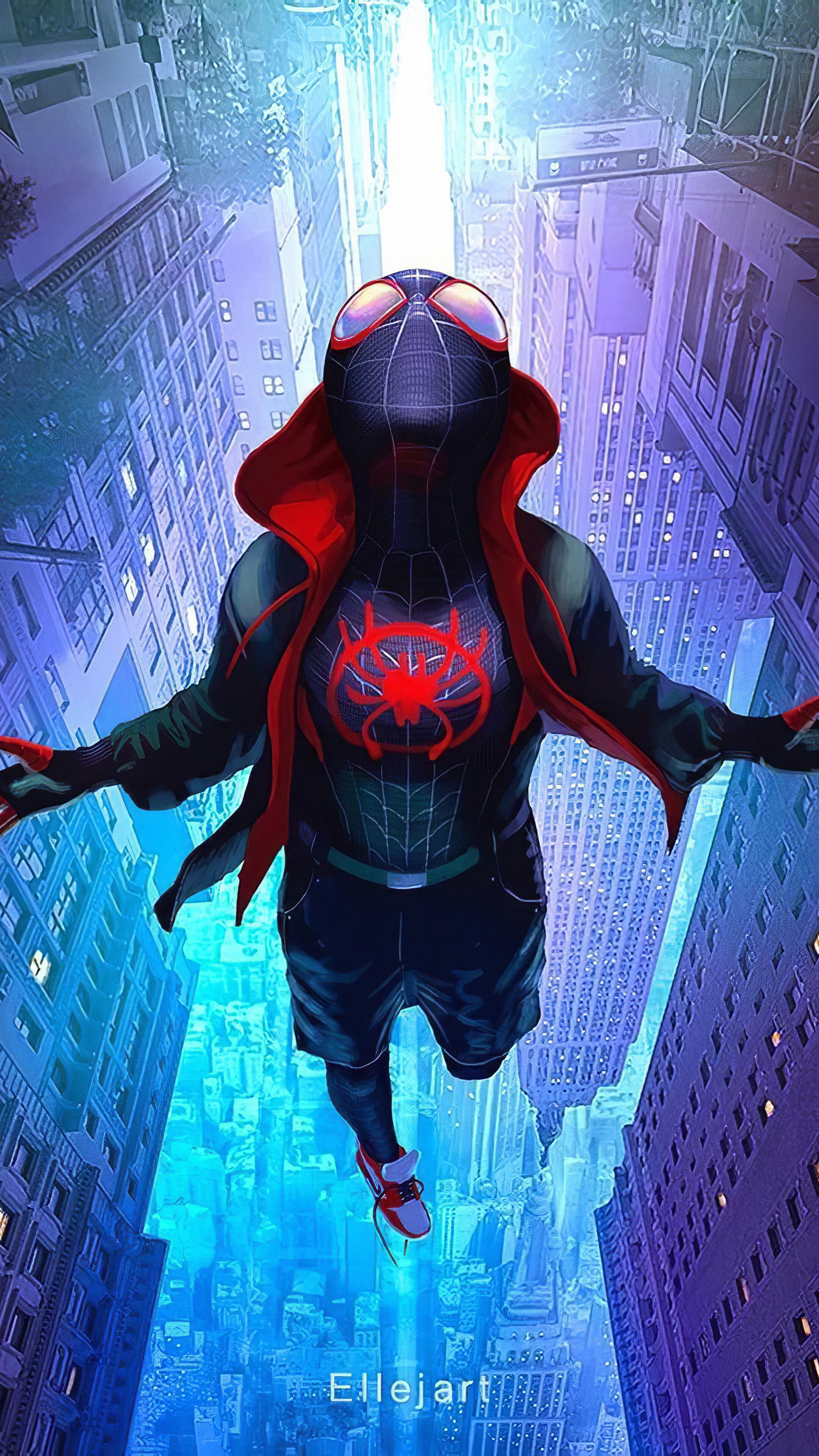 Miles Morales cappuccio braccia aperte citta blu, 2160x3840 Verticale, Telefono