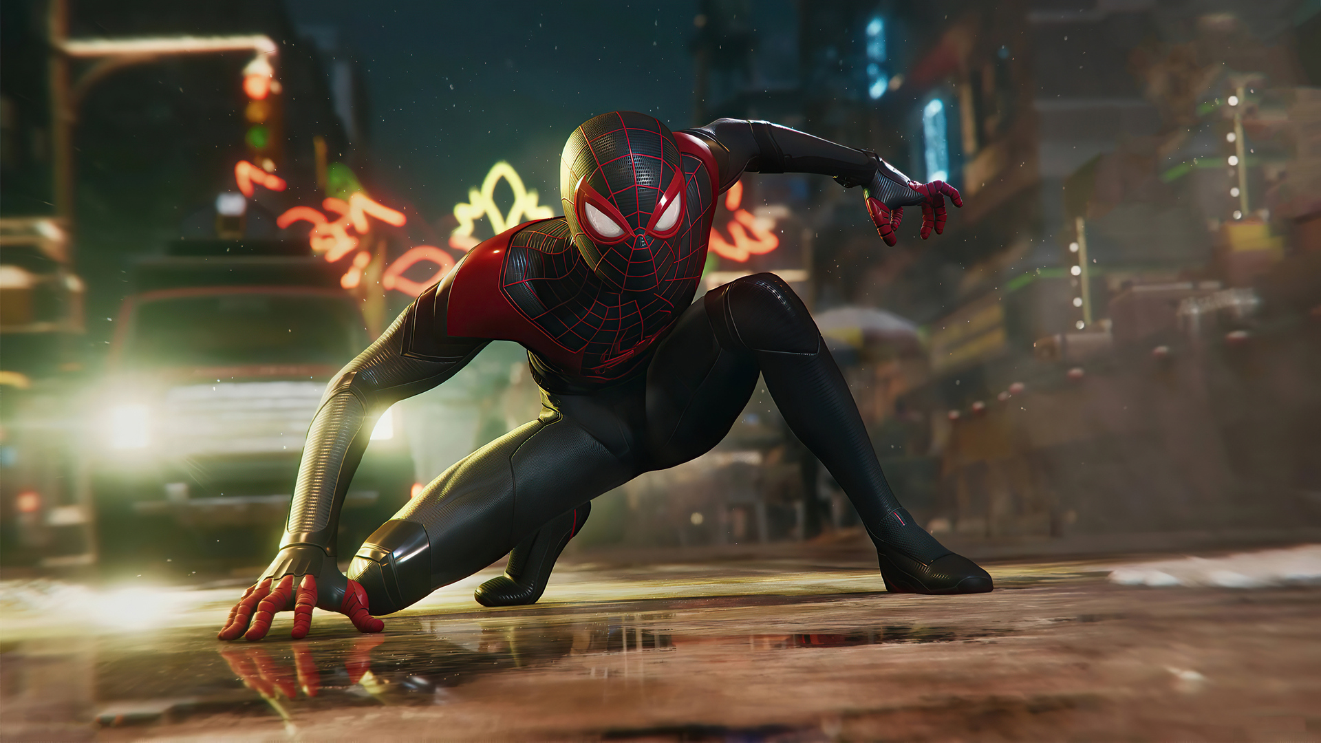 Miles Morales accovacciato strada citta, 1920x1080 1080p, Desktop