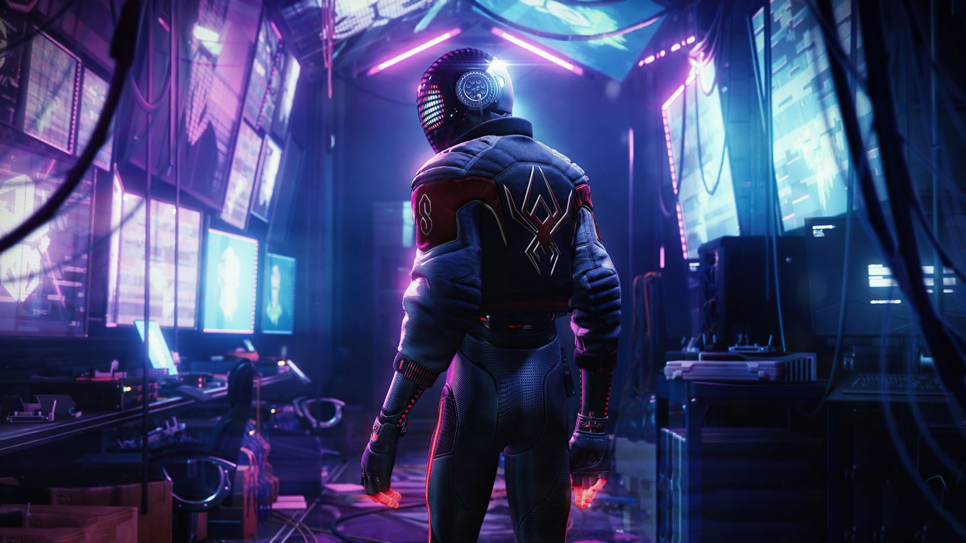 Miles Morales di spalle laboratorio neon, 1920x1080 1080p, PC Desktop