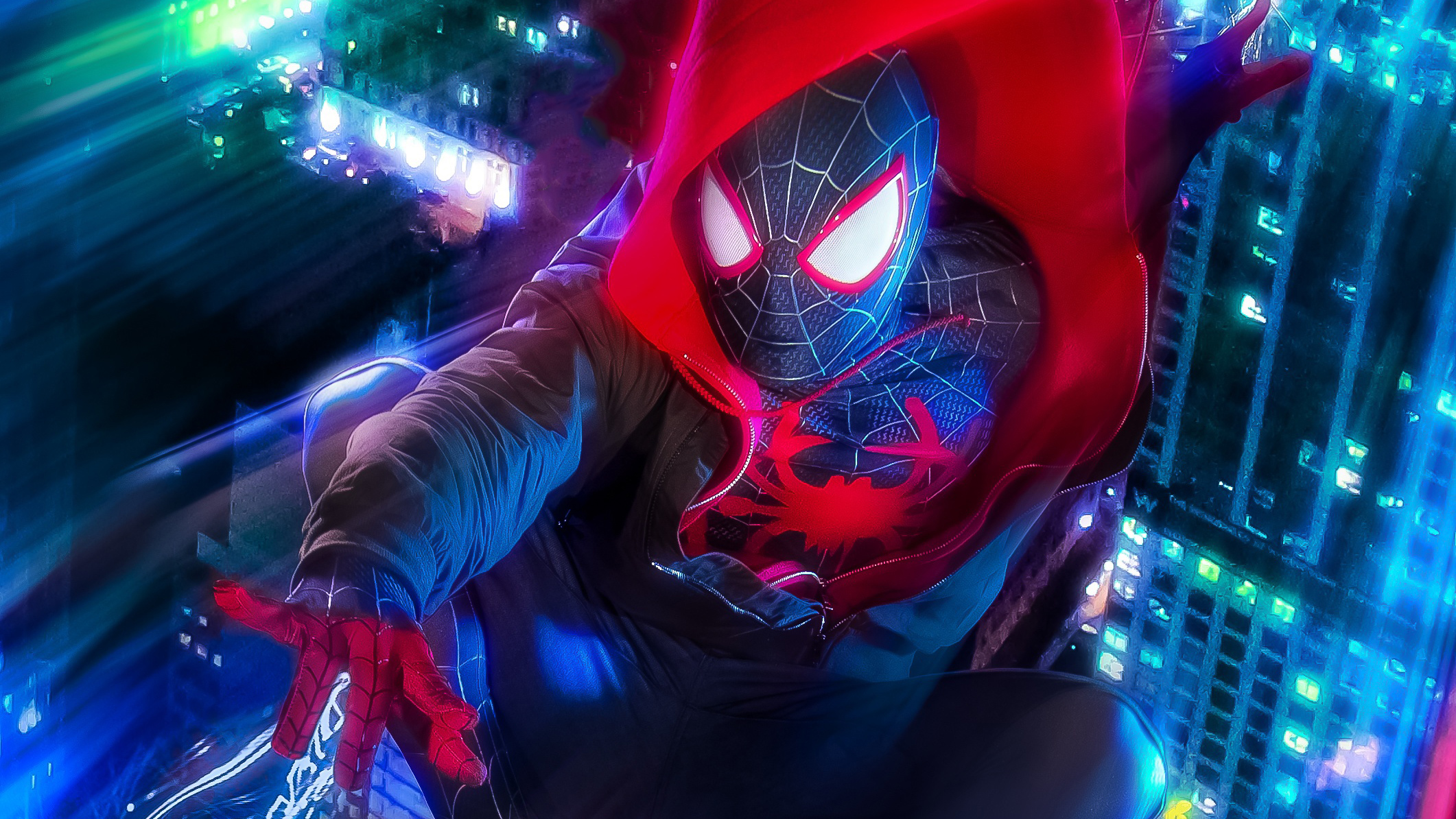 Miles Morales cappuccio citta illuminata, 2122x1194 alta risoluzione, PC