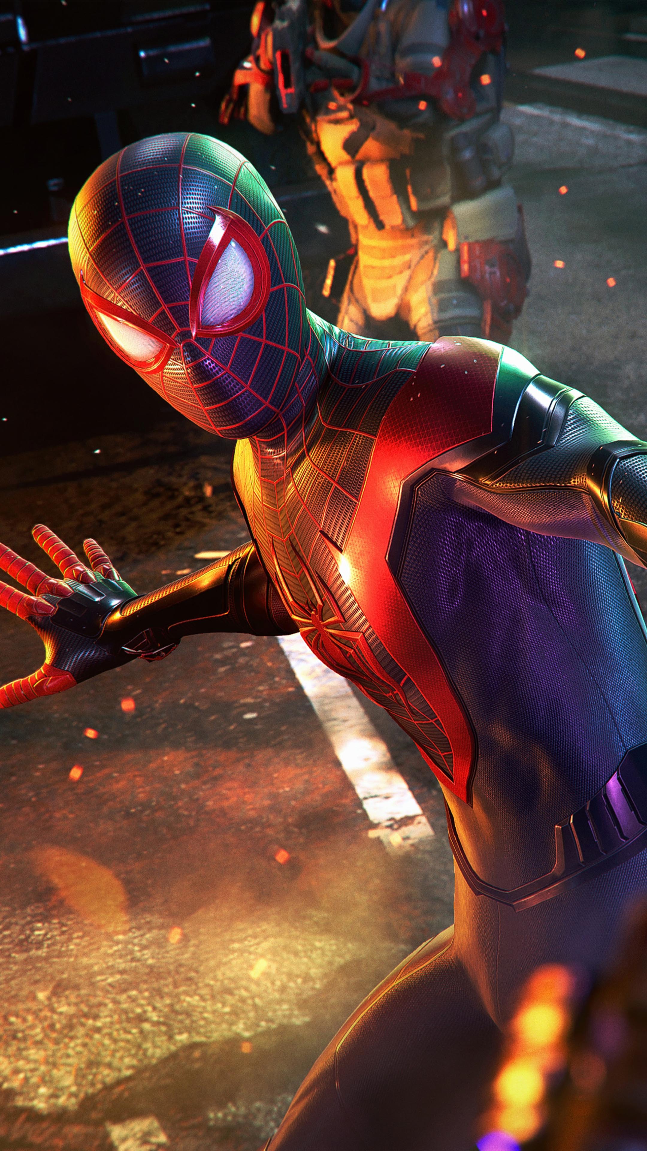 Miles Morales combattimento strada luci, 2160x3840 Verticale, Mobile