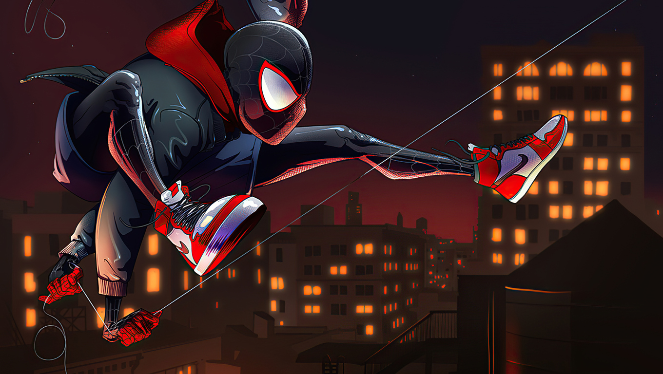 Miles Morales salto illustrazione citta notturna, 1360x768 HD, Desktop