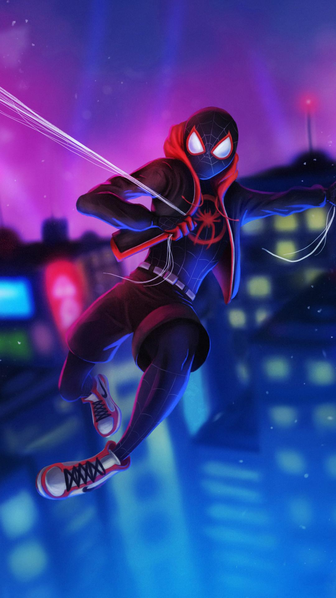Miles Morales citta notturna viola, 1080x1920 Full HD Verticale, Smartphone