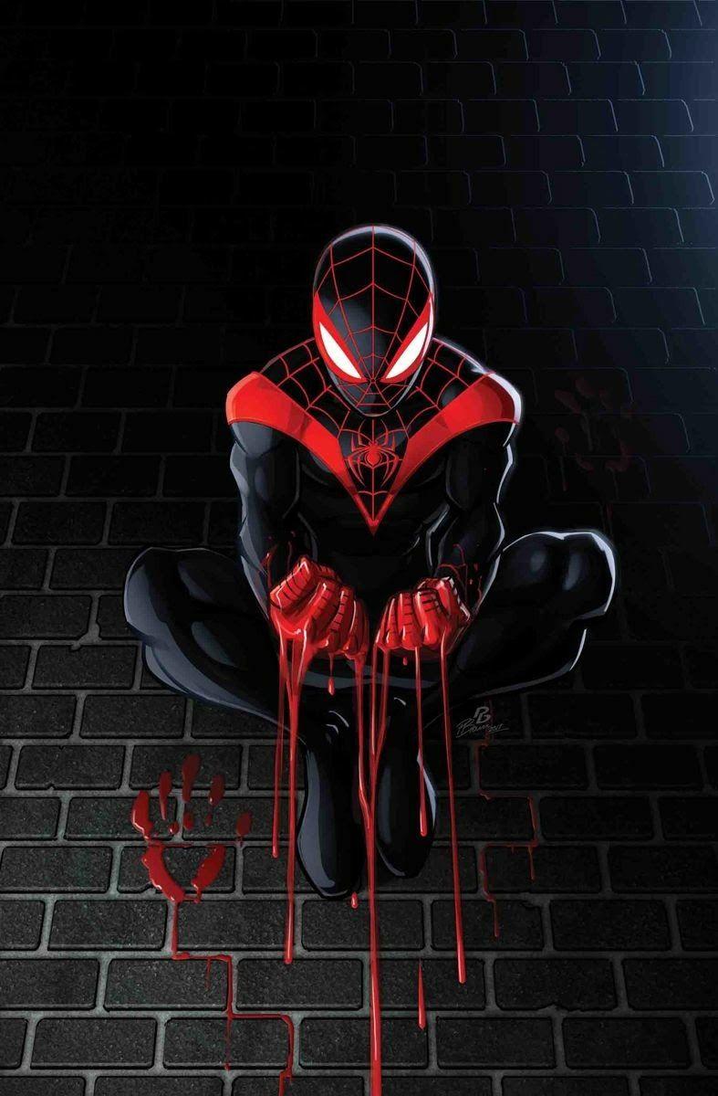Miles Morales seduto muro nero pugno rosso, 787x1200 Verticale, POCO