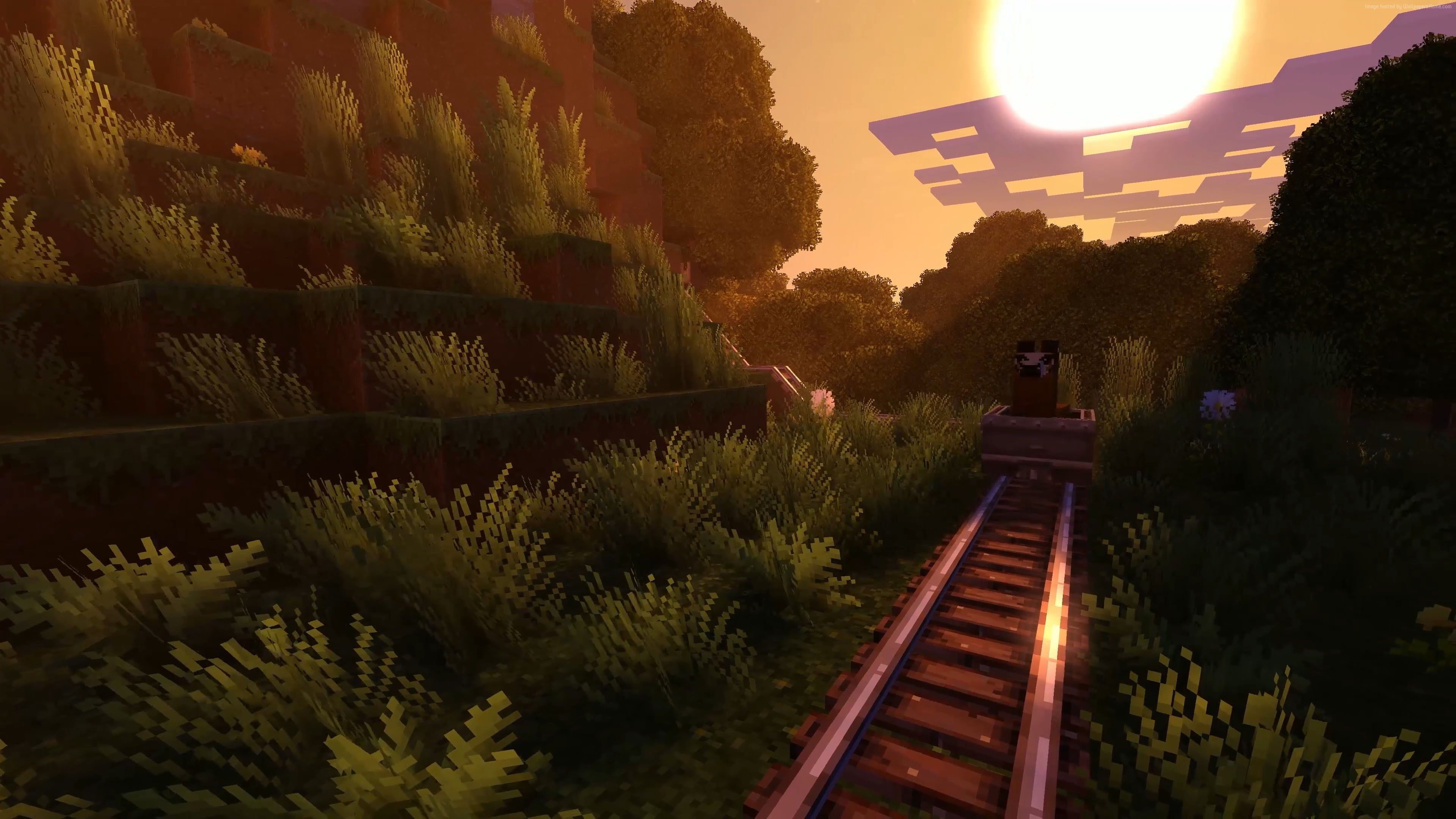 Binario minecart tramonto Minecraft, gioco sandbox, 3840x2160 4K, Desktop 4K