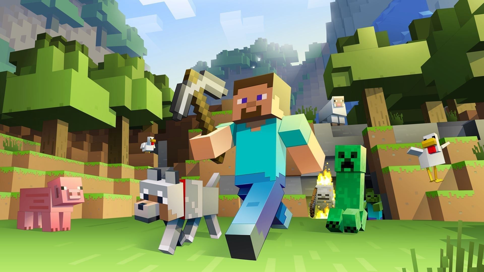 Personaggi Minecraft in paesaggio erboso, 1920x1080 Full HD 1080p, Laptop
