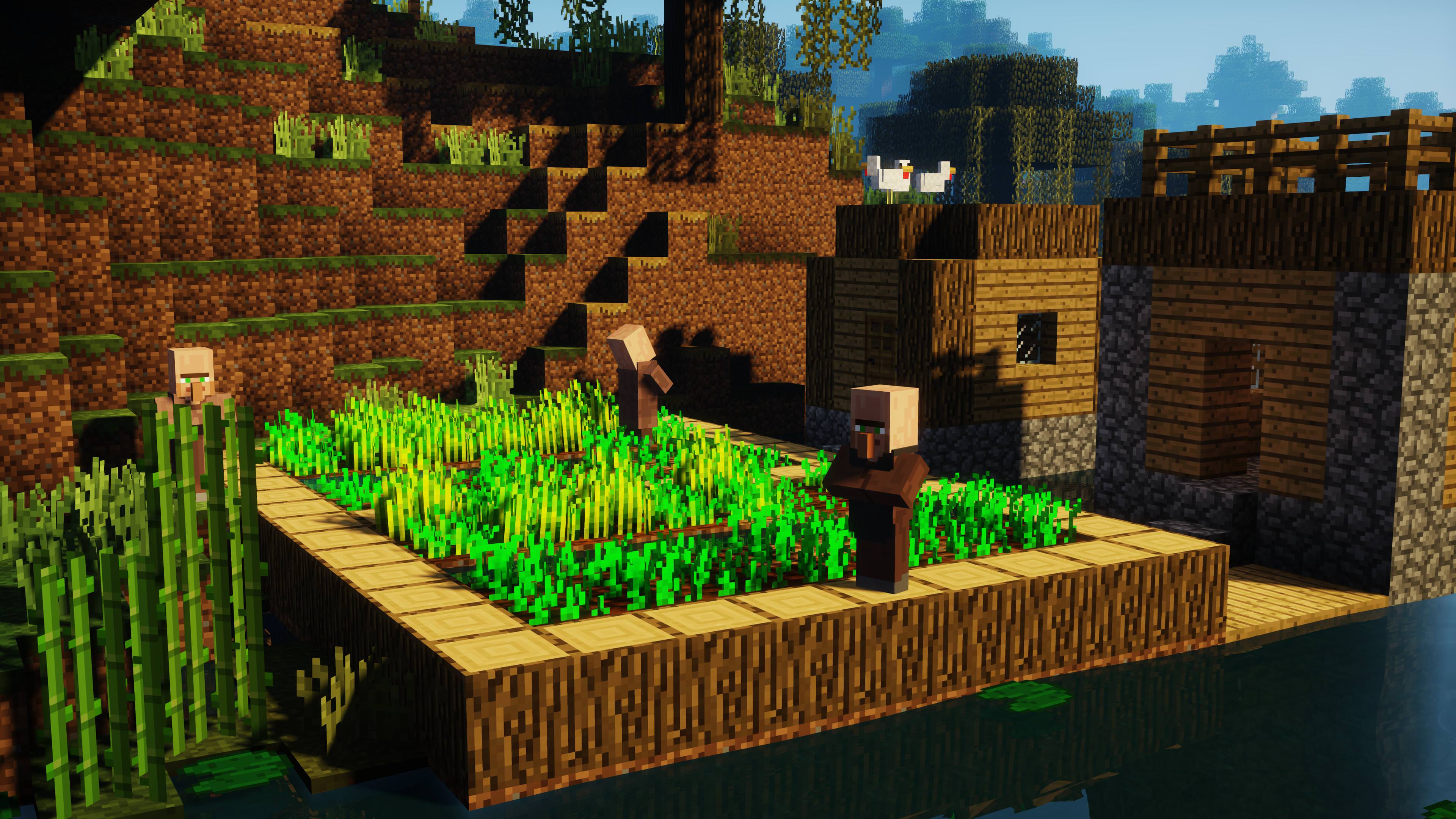 Villaggio Minecraft con campo coltivato, gioco sandbox, 3840x2160 4K Ultra HD, Monitor 4K